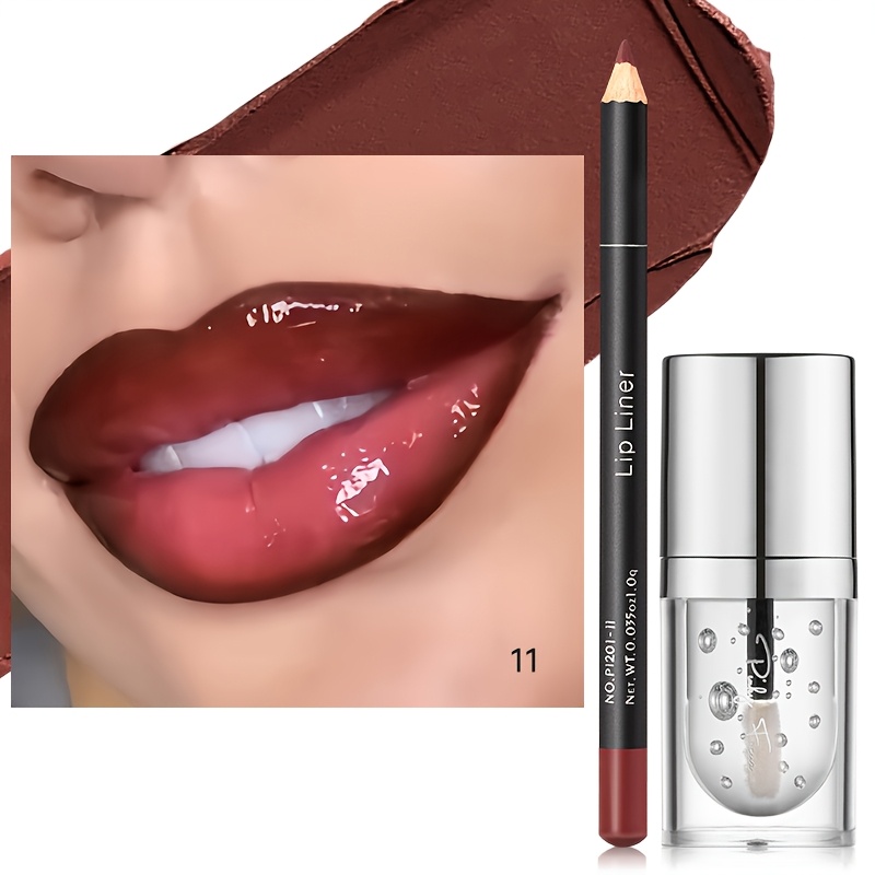 TEMU 2pcs Hydrating Lip Makeup Duo Set -infused Lip Liner & Transparent Lip Oil - Versatile, Long-lasting Lip Contouring Paste Kit For Berry & Brown Tones- Day Gift Ideas