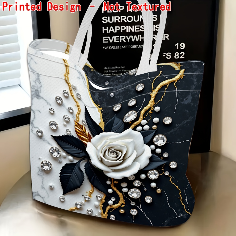 TEMU 1pc Women'-shoulder Bag With Black And White Rose Gemstone Theme, Multi-functional And Versatile, Handbag, Printed Design - No Texture, Travel