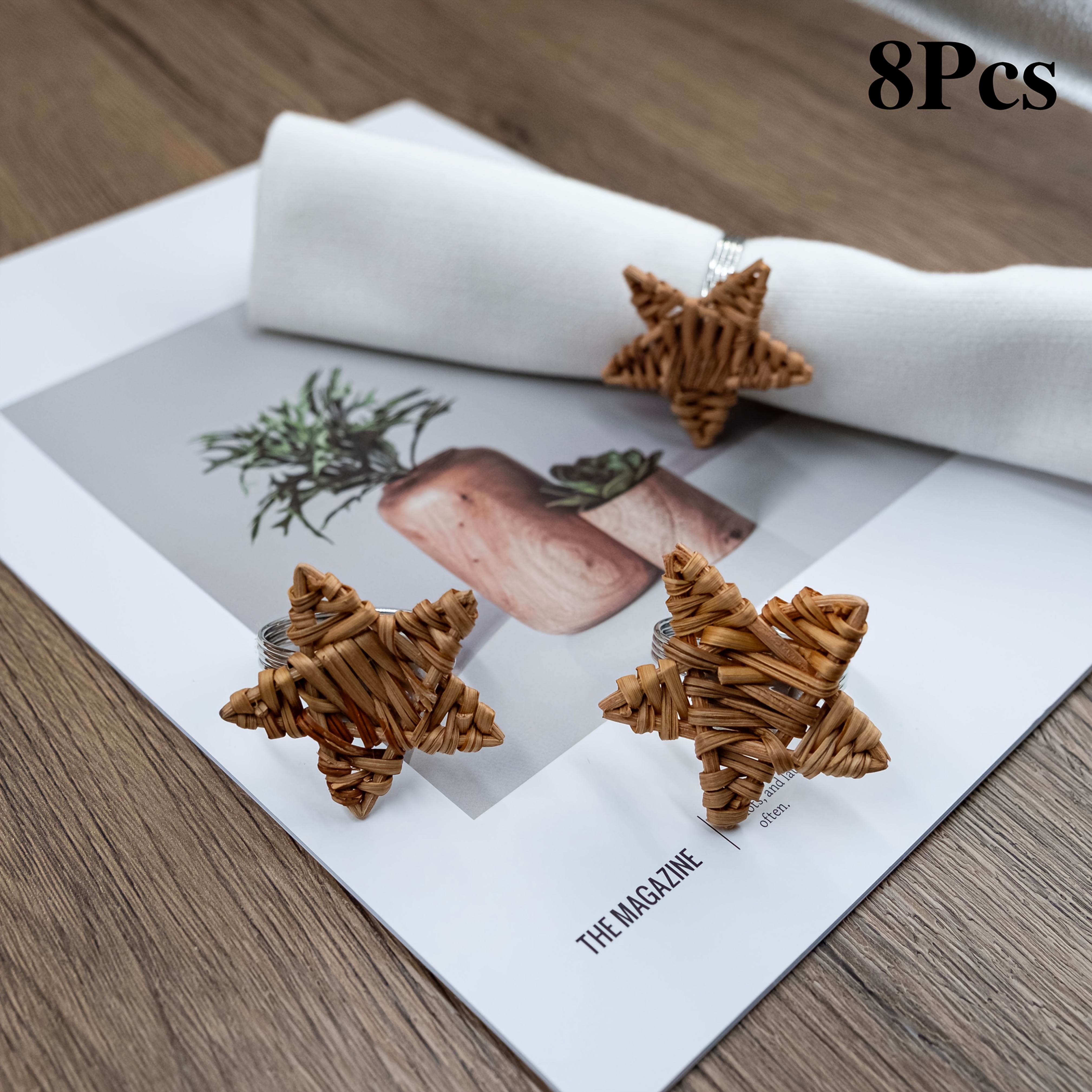 Image of 8pcs Natural Bamboo Napkin Rings - Star-shaped Napkin Holders, Rustic European Style Table Decor, Bamboo Wood Napkin Holders For Weddings, Parties, Dining Table Centerpiece (8pcs, To Plastic Holders