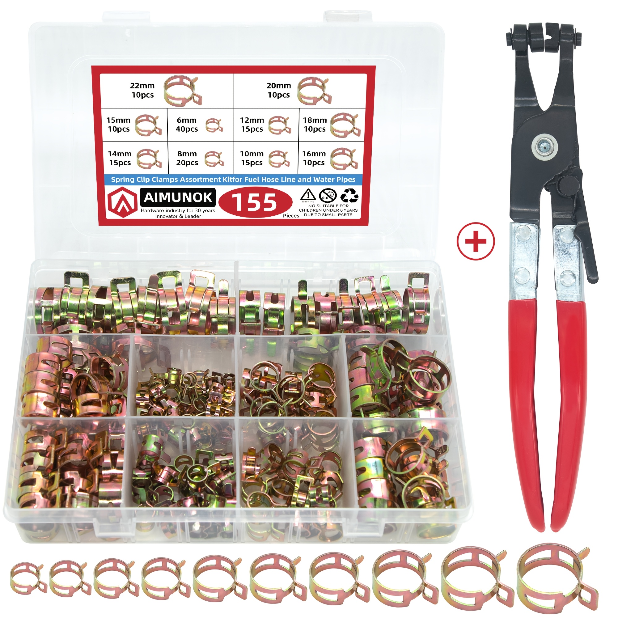 Image of 156pcs Spring Hose Clip Kit, 65mn Color Plated Fuel Pipe Spring Clips With Straight Hose Clamp Pliers For Automotive Fuel Line Radiator Water Pipe