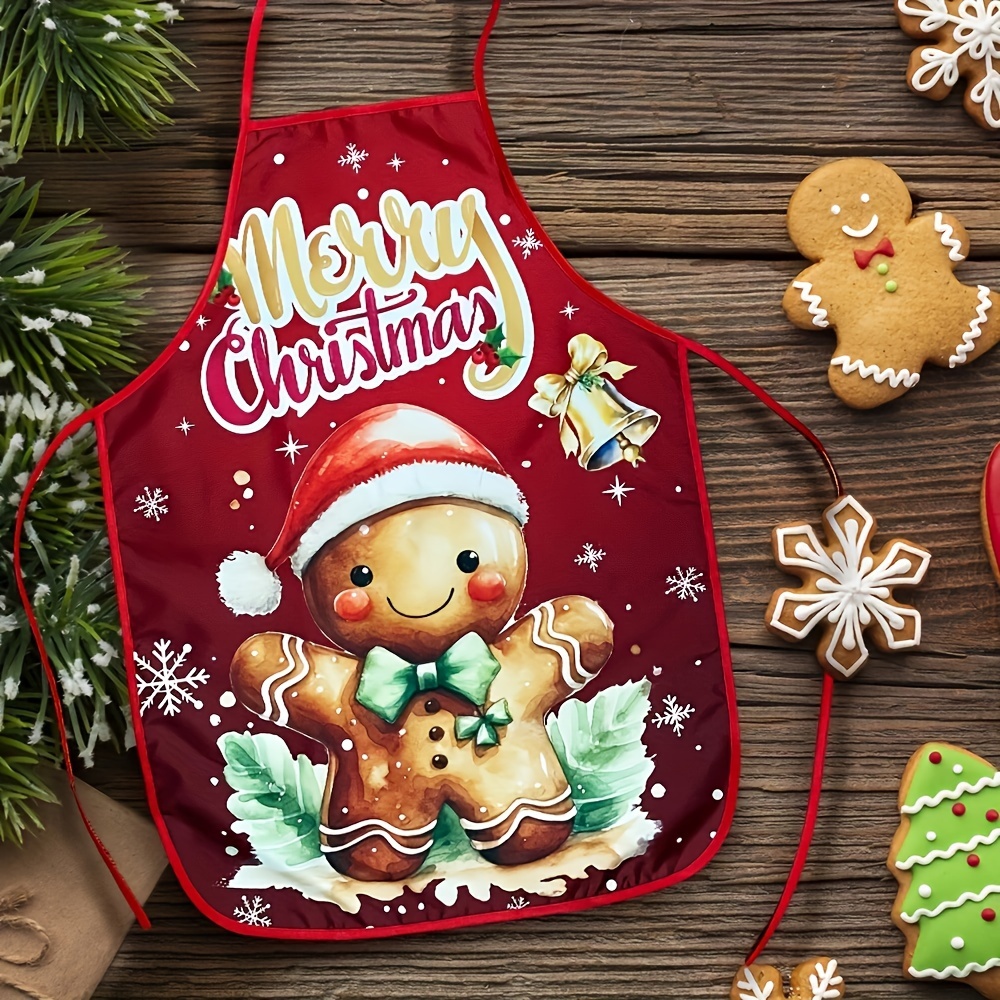 Image of A Christmas-themed Tie Apron Featuring Gingerbread Men, Suitable For Home Kitchens And Restaurant Servers, Decorative Apron For Parties And Festive Occasions
