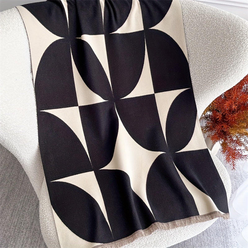 TEMU 1pc Black And White Geometric Jacquard Scarf, 60 X 185cm Extended Elegant Size, Arched Diamond Artistic Pattern, Double-sided -friendly Fabric,