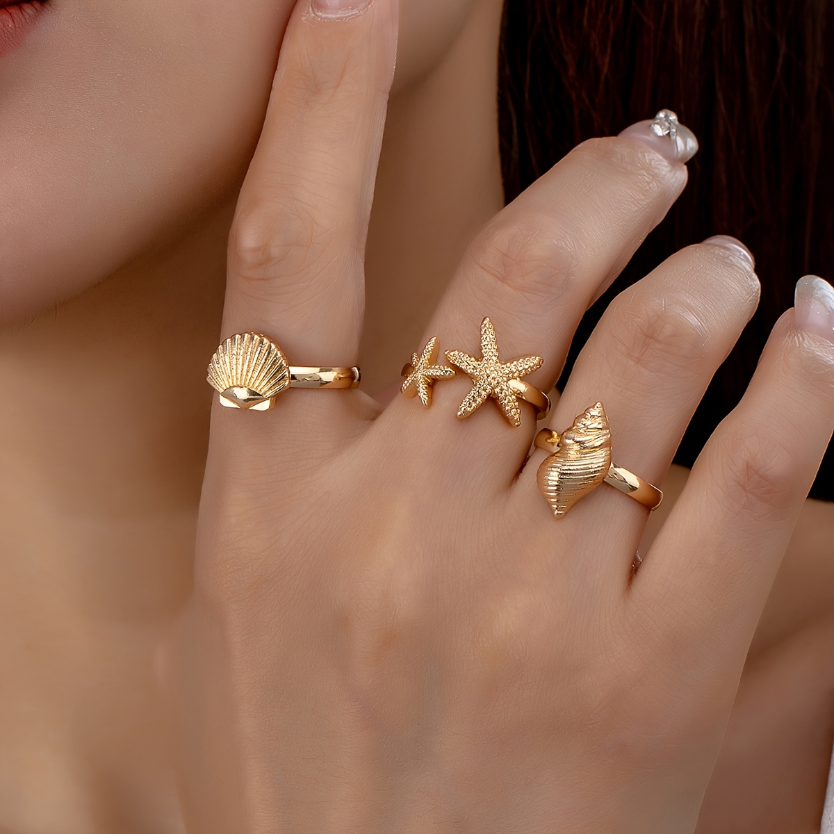 

3pcs Elegant Ocean-inspired Ring Set – Starfish, Seashell & Conch Designs In For Casual Attire Or Parties, Beach Accessories