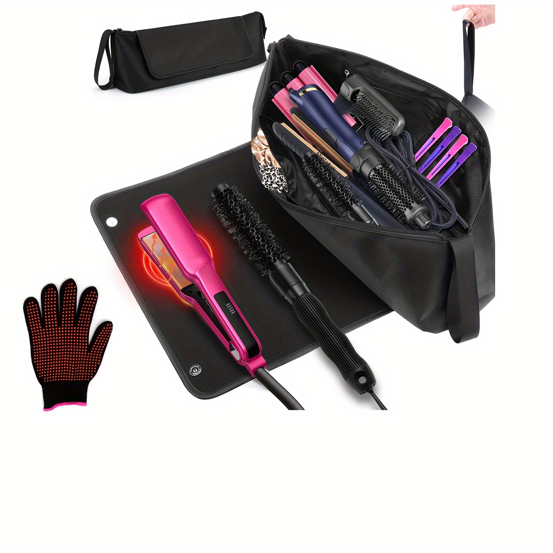 TEMU Hair Tool Travel Bag With Heat Resistant Mat For , Straighteners, Curling Iron, Makeup, Toiletries & Haircare Accessories, Portable Organizer