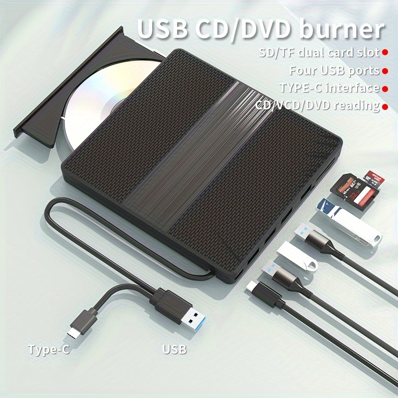 Unidade de DVD externa portátil 8 em 1, gravador e leitor de CD/VCD/DVD USB 3.0 e Type-C, unidade de disco ótico fina para portátil PC  , compatível com Windows/Linux/  OS, leitor de cartão SD/TF, 4 portas USB