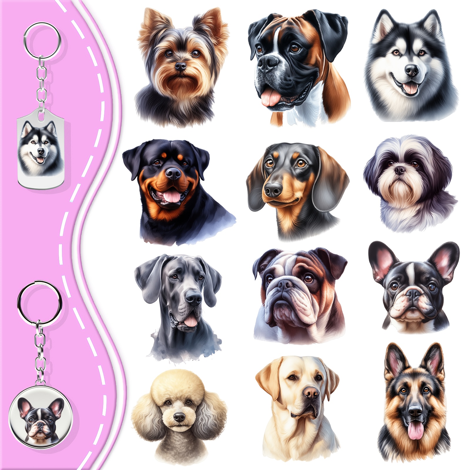 

60pcs Dorsbaby Dog Breed Keychain Stickers, Uv Dtf Transfer, Waterproof & High- Decals, Plastic Material, Diy Crafts, Gifts & Office Supplies