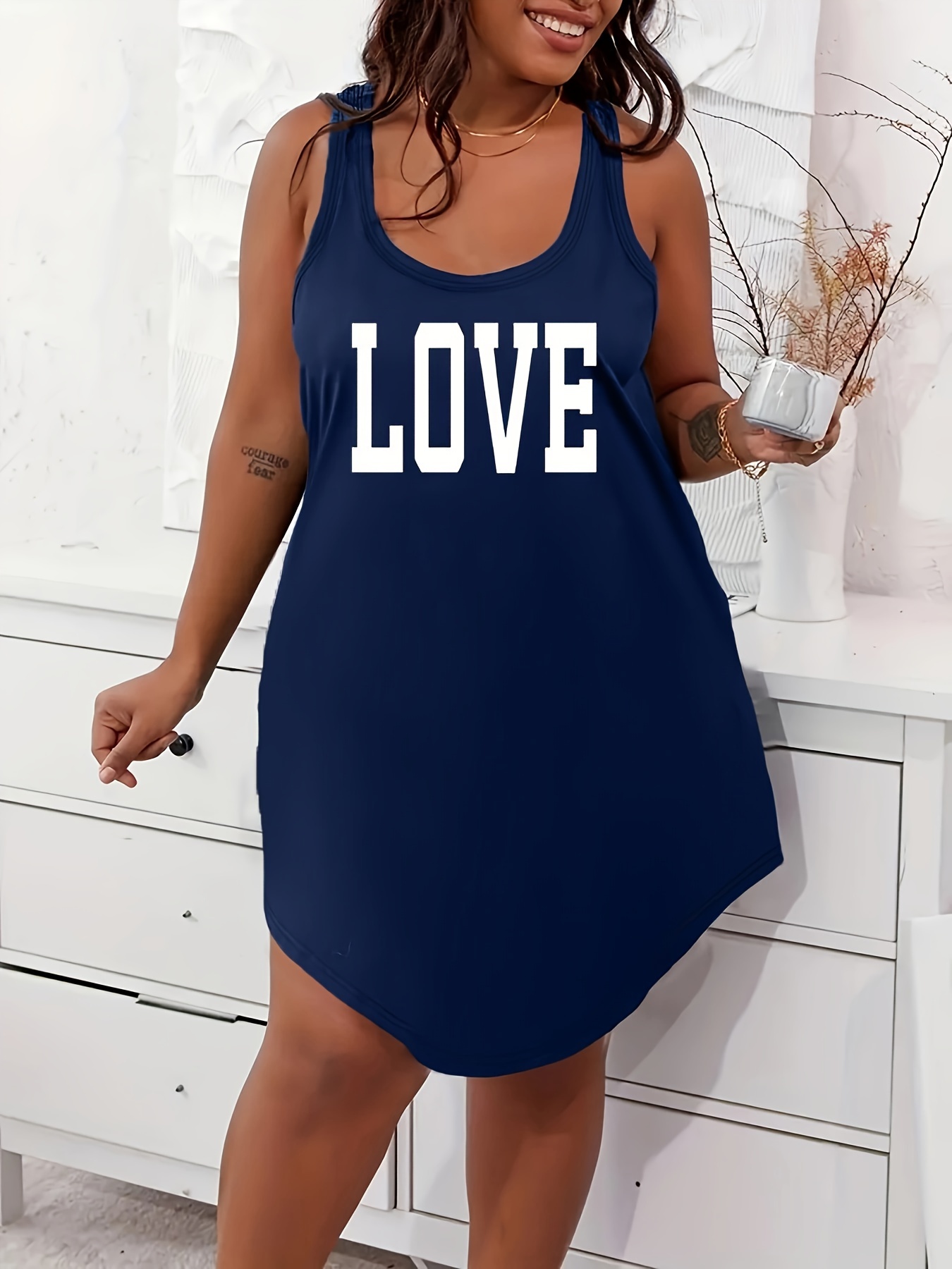 Women's Plus Casual Lounge Dress, Plus Size Letter Graphic Scoop Neck Racer Back Tank Home Wear Dress