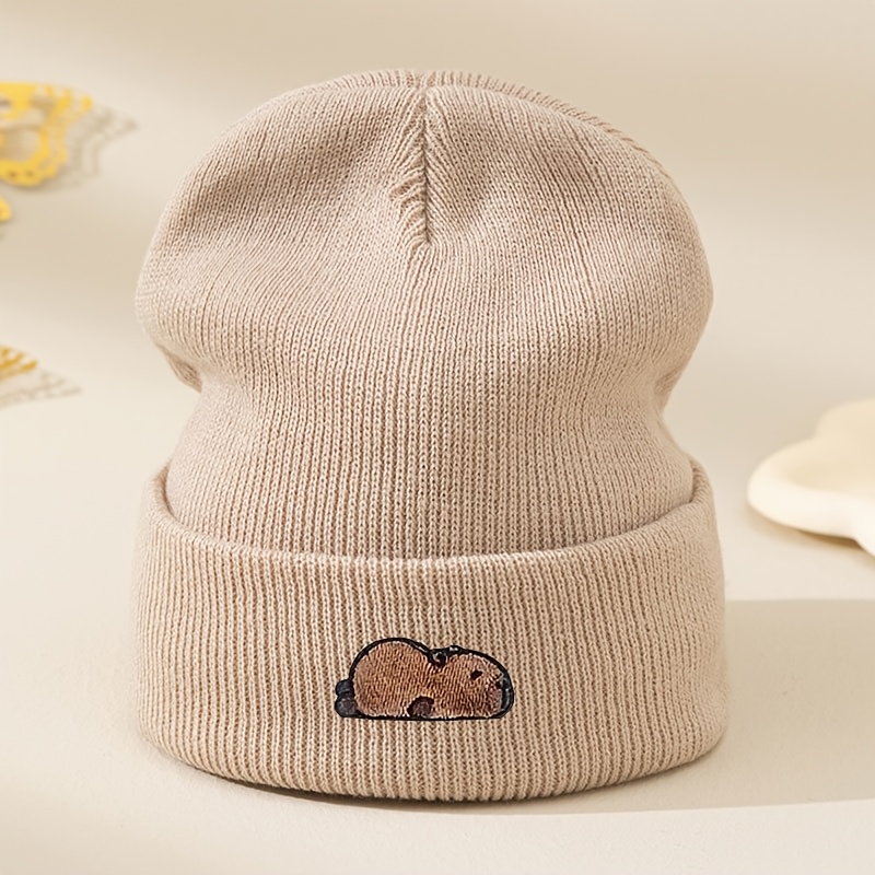 Women's Autumn/winter Cap, Capybara Cartoon Embroidered Beanie, Double-layer Versatile American-style Unisex Warm Pullover Hat, Thickened Cold-weather Ear Protection Cap
