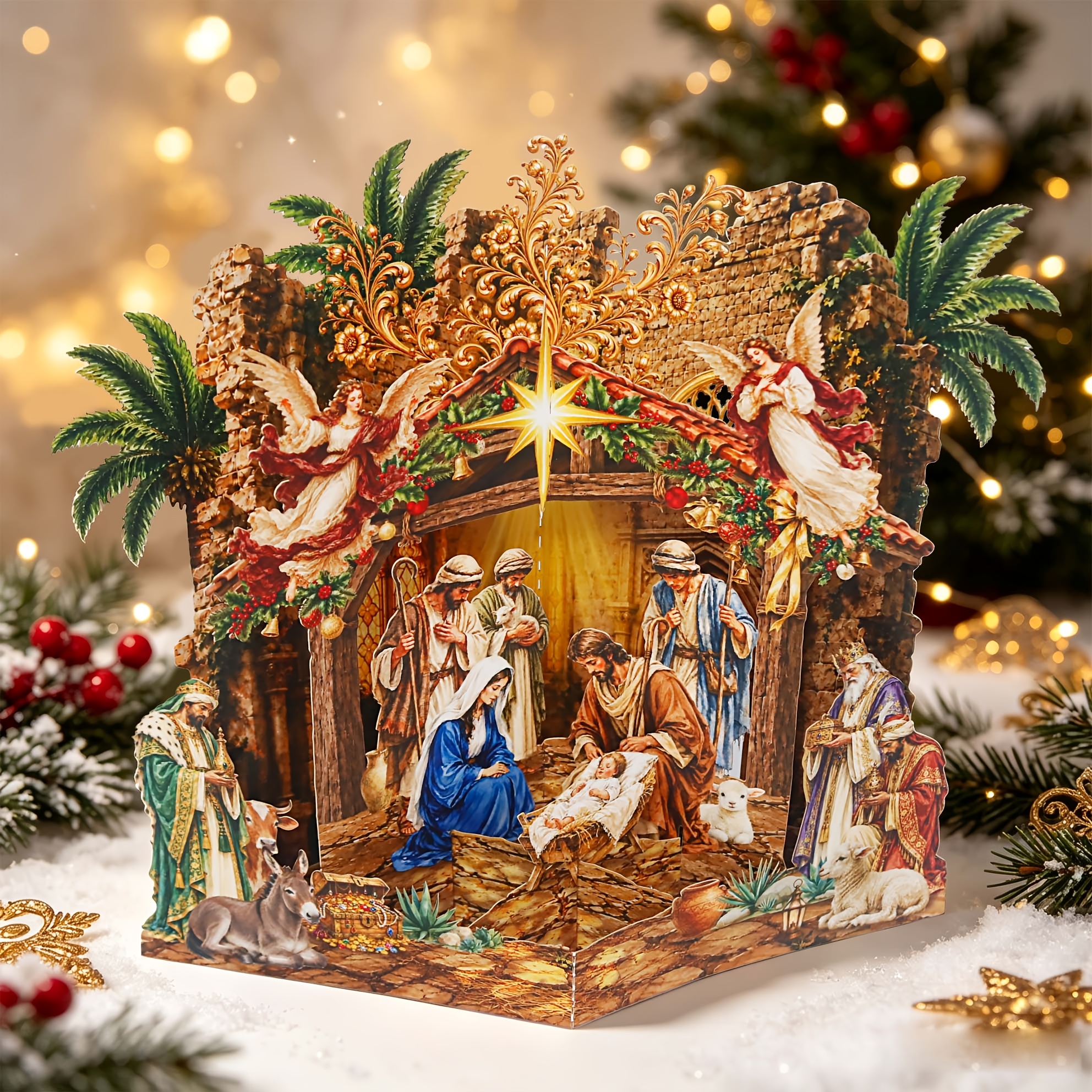 TEMU 1pc 3d Pop Up Nativity Scene Christmas Card, Birth Of Jesus Manger Tabletop Decoration, Christmas Greeting Card, Xmas Gift For Christian Family