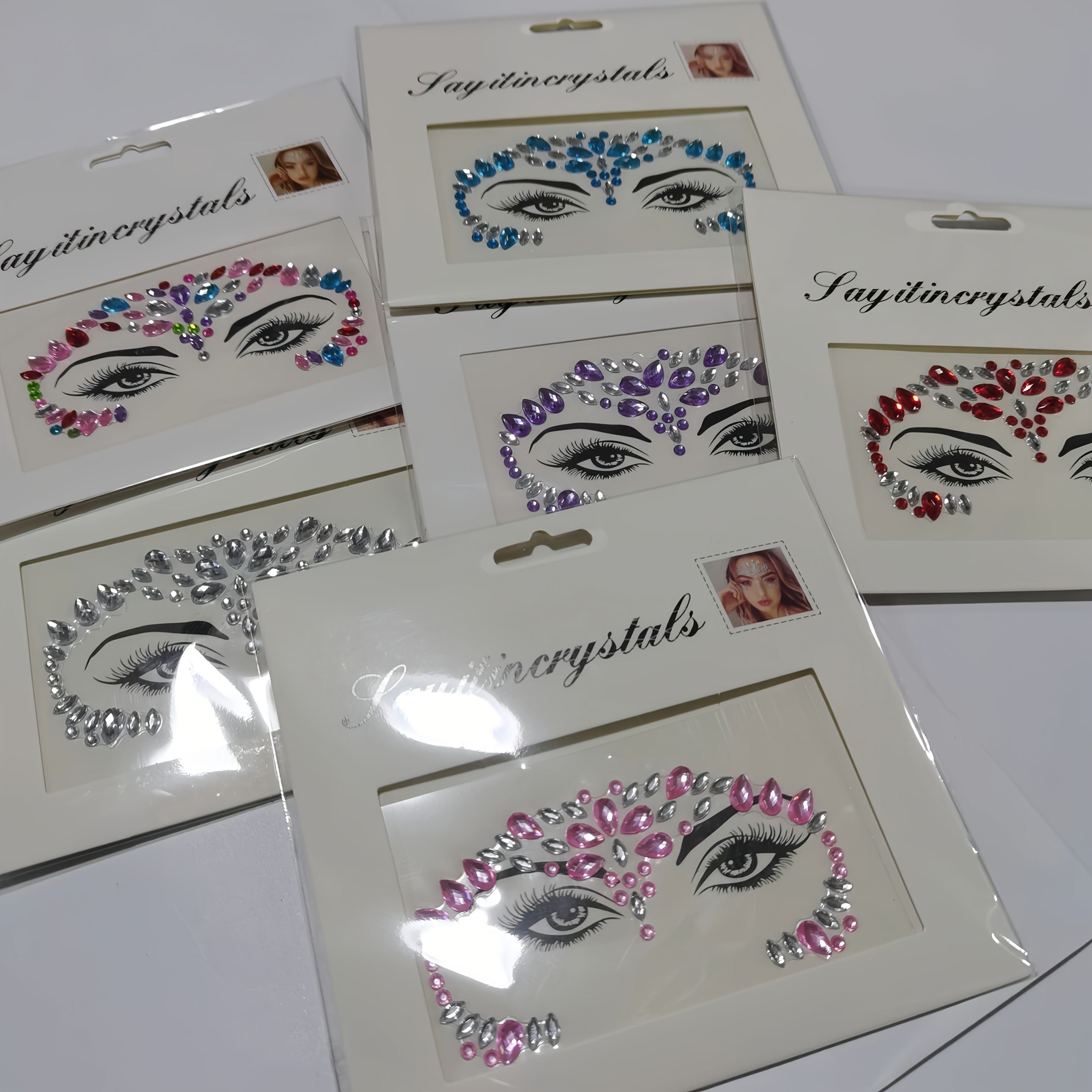 E-shop 6 Stk./Set Strass Gesichts-Edelstein Aufkleber, 6 Farben Klar Blau Rot Edelstein Gesicht Diamant Aufkleber Gesichts-Edelstein Aufkleber