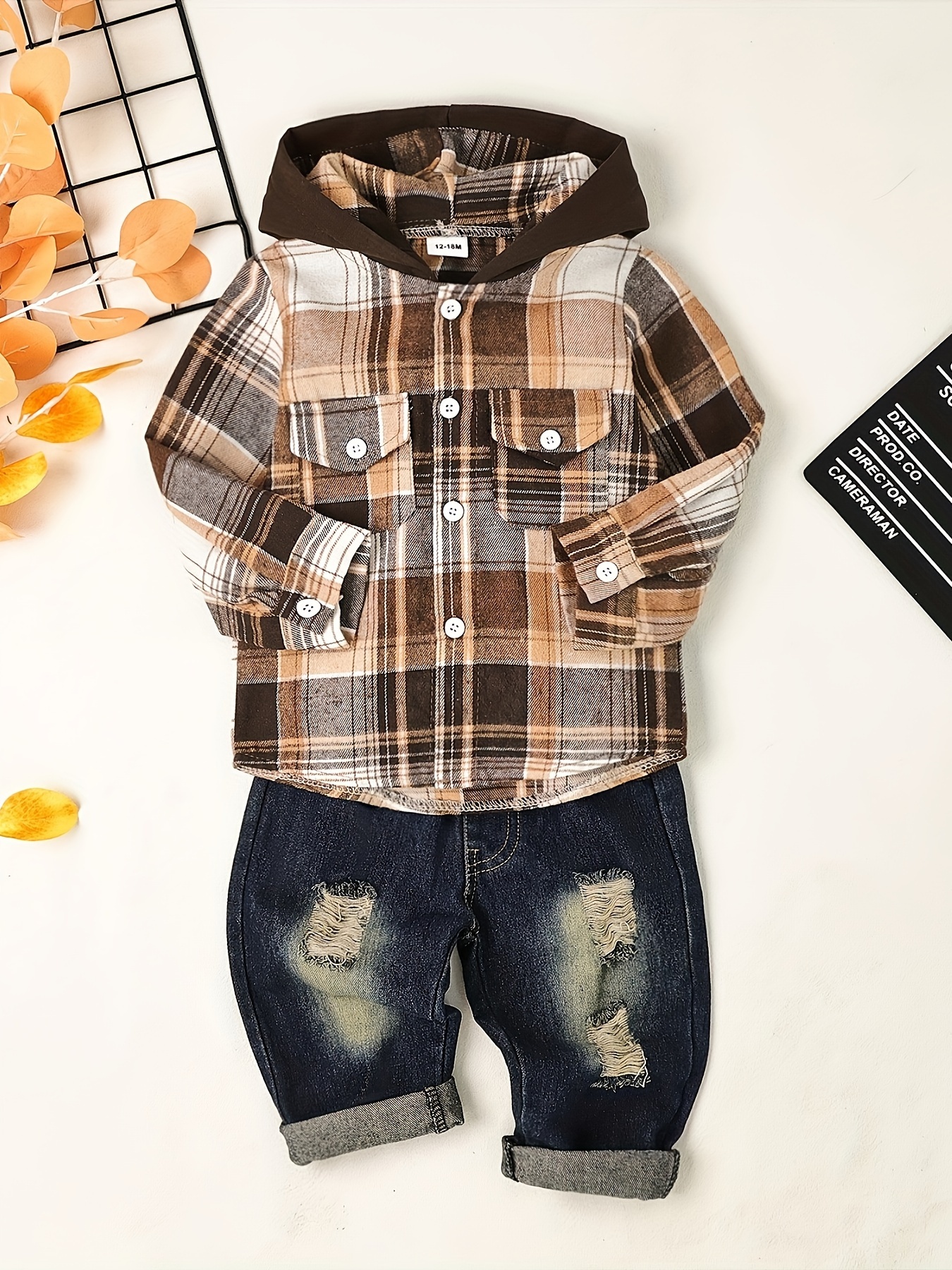 Boy Clothes Toddler Boy Fall Outfits Winter Long Sleeve Plaid Hooded Sweatshirt Pocket Ripped Holes Jeans Clothing Set Dark Khaki 12Months-5T, for Outdoor - Image 3