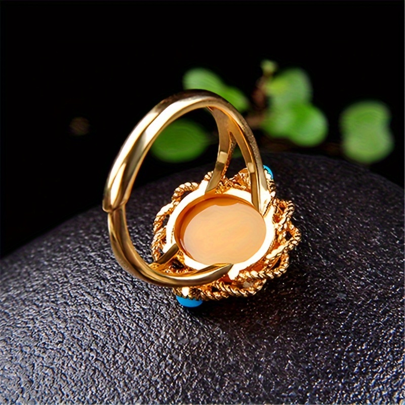 1pc vintage     ring 18k golden plated 925 silver synthetic amber and turquoise adjustable opening handcrafted personalized fashion for daily and banquet occasions mardi gras day accessory details 2