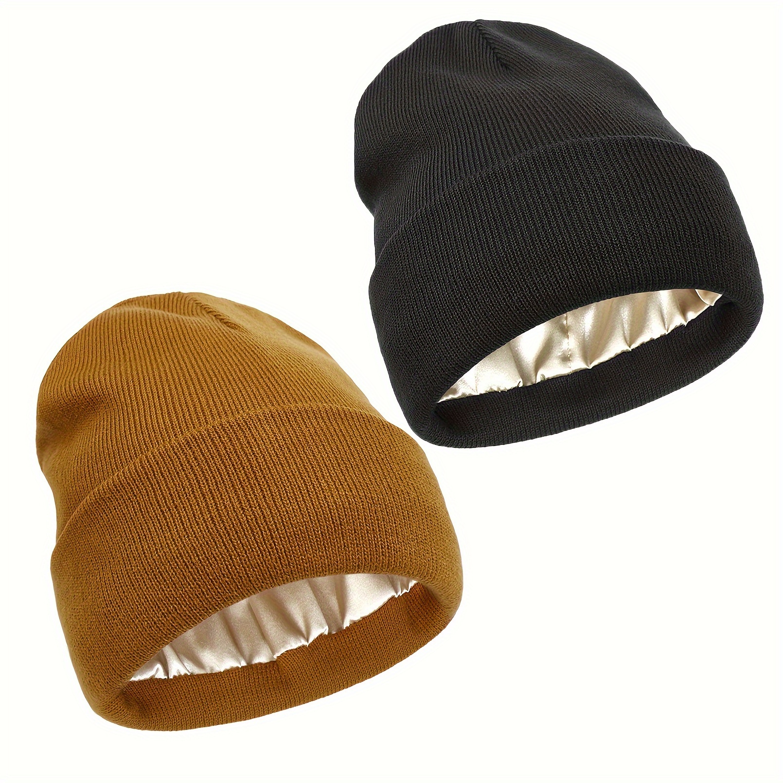 

2pcs Satin Lined Knit Skull Cap Unisex Hair Protection Winter Beanie Hat With Elasticity, Breathable Acrylic Material, Fine Knit Craftsmanship Beanies