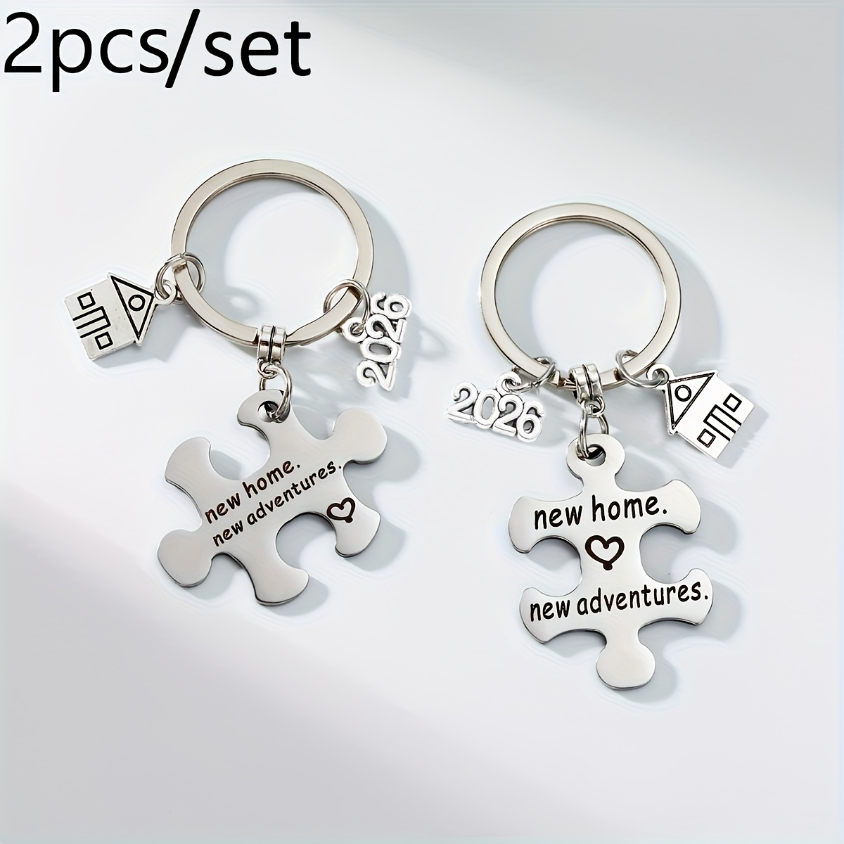 Image of 2pcs/set Housewarming Jigsaw Keychain, Stainless Steel, And 2026 Additions, Double, Housewarming Gift For Housewarming Gift For New Homeowners House Keychain
