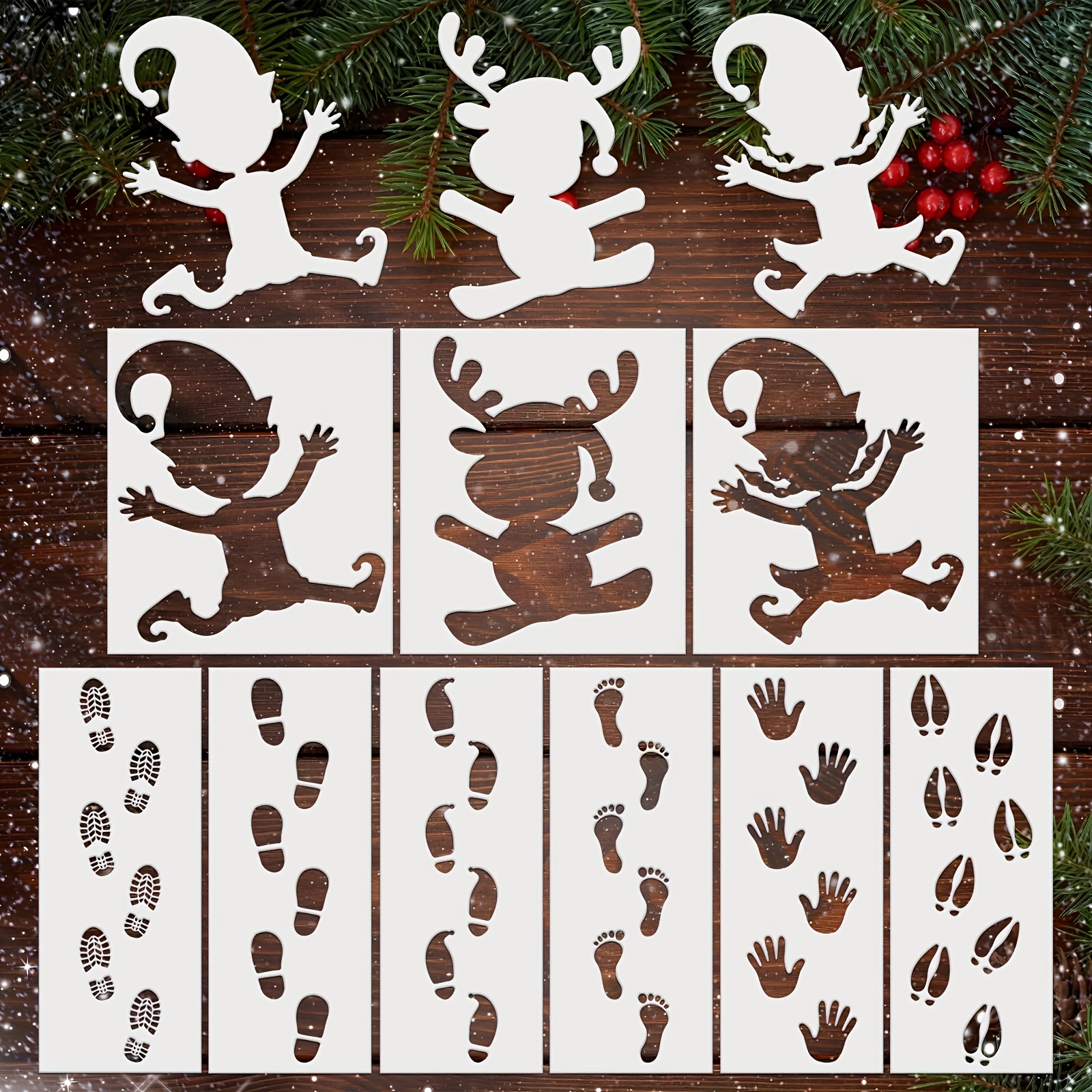 TEMU 9pcs Set Christmas Elf Footprint And Handprint Hollow-out Painting Stencil, Holiday Elf Silhouette Footprint Pattern Masking Template For Window
