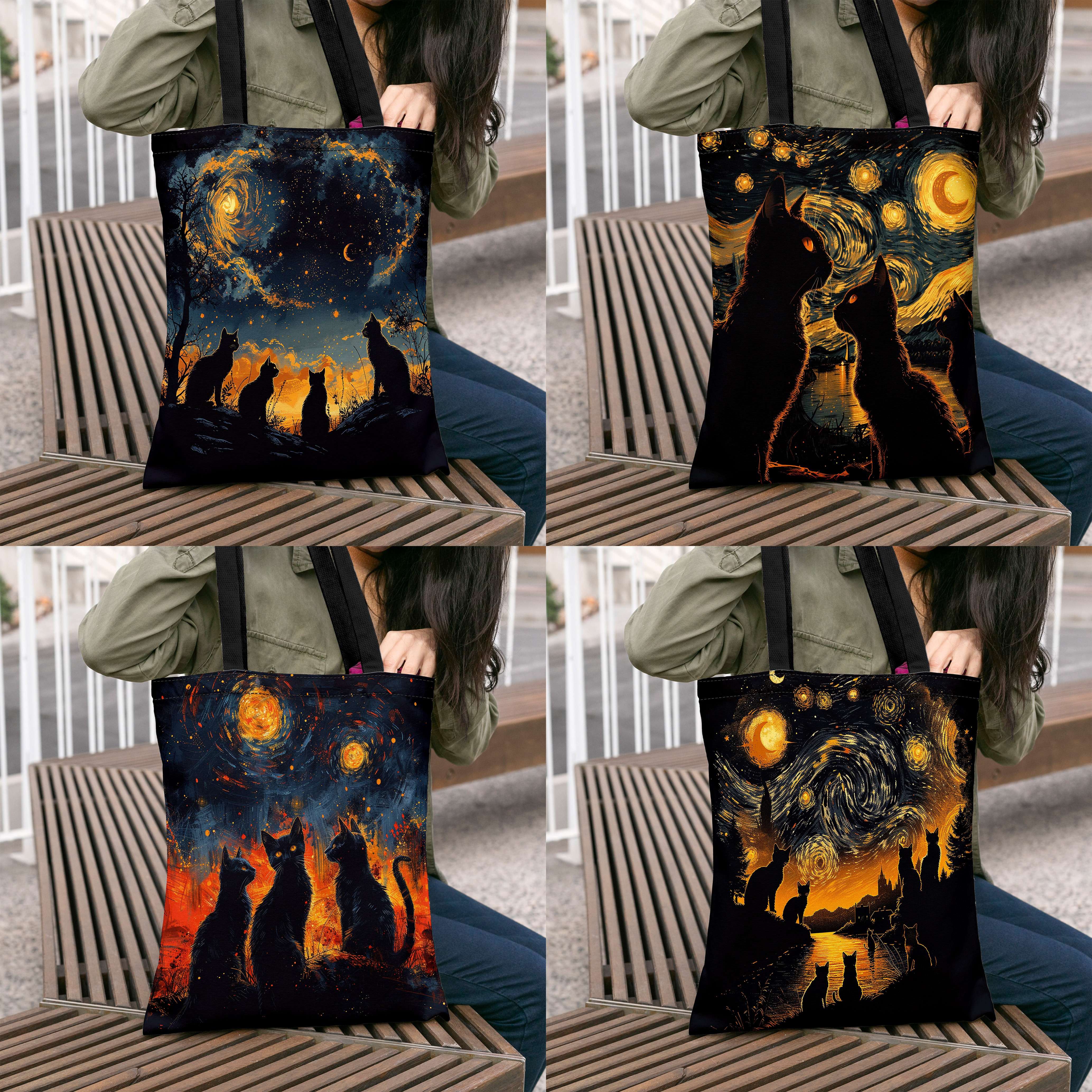 

Starry Night Black Cat Canvas Tote Bag - Spacious & Stylish, Shopping, Travel & Use - Vintage-inspired Animal