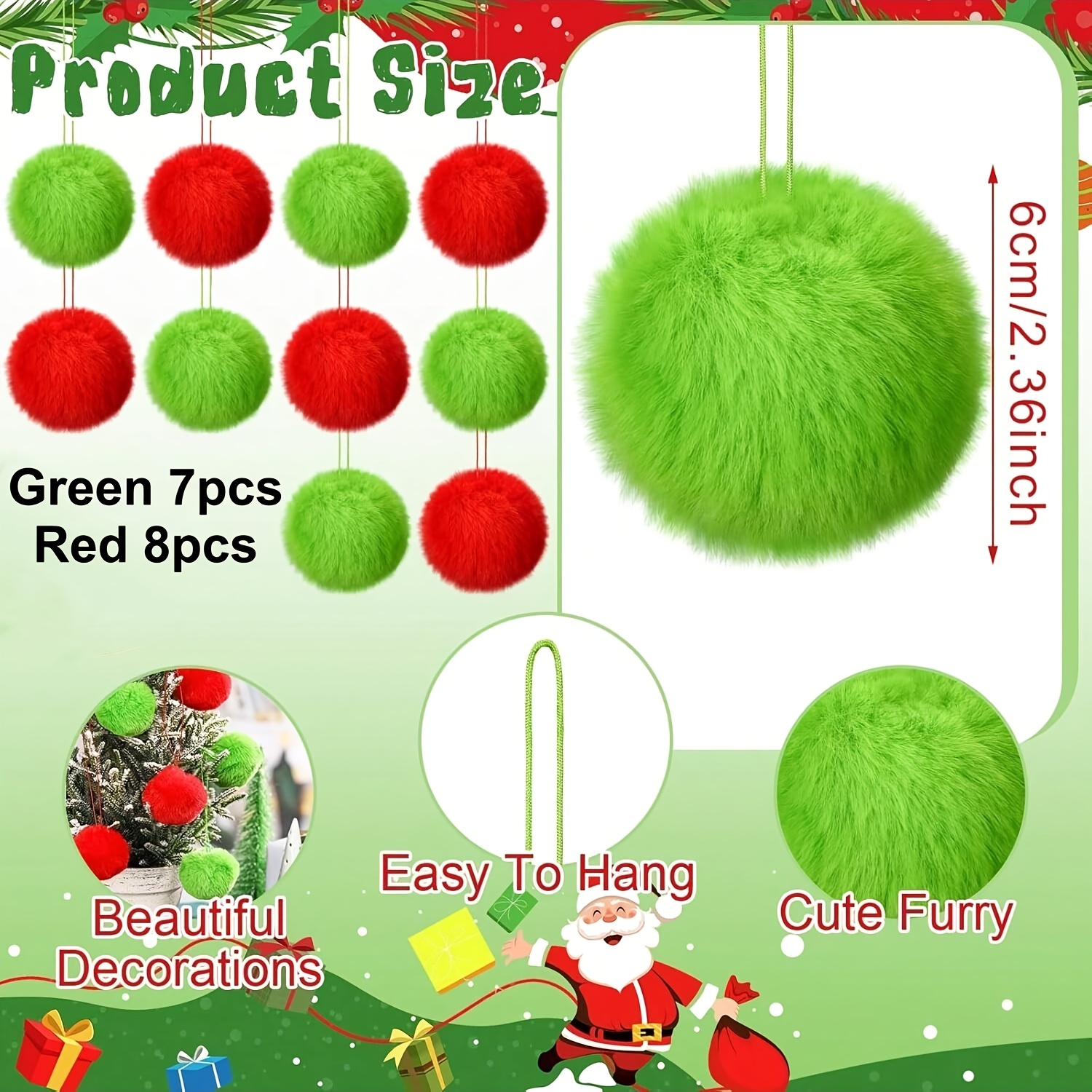 TEMU 15pcs Set Lime Green And Red Plush Christmas Ball Ornaments, Green Hanging Decorations For Christmas Trees, Soft Plush Ornaments, Suitable For