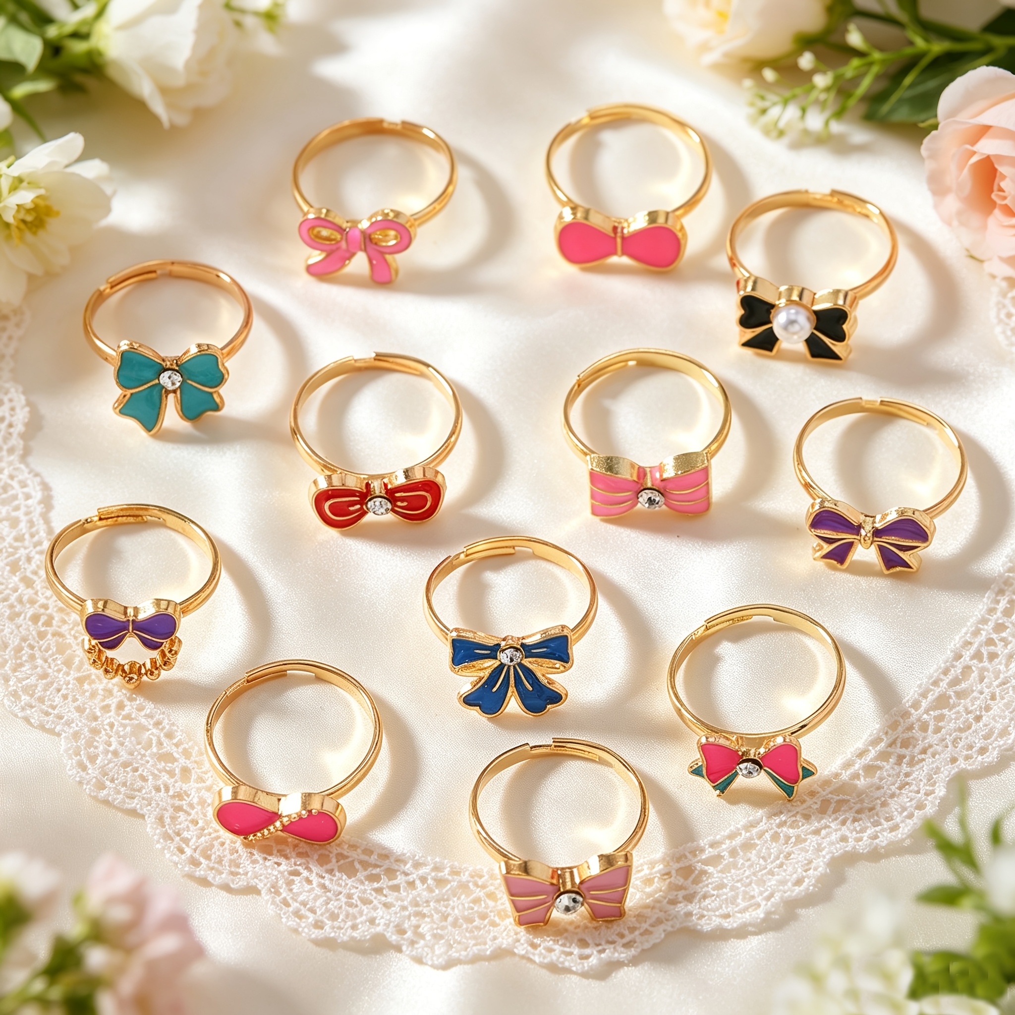 TEMU 12pcs Princess Bow Ring Set, Multi-style Colors Bow Combination Pack, Adjustable Opening Size Ring Jewelry, Daily Matching Festive Decor