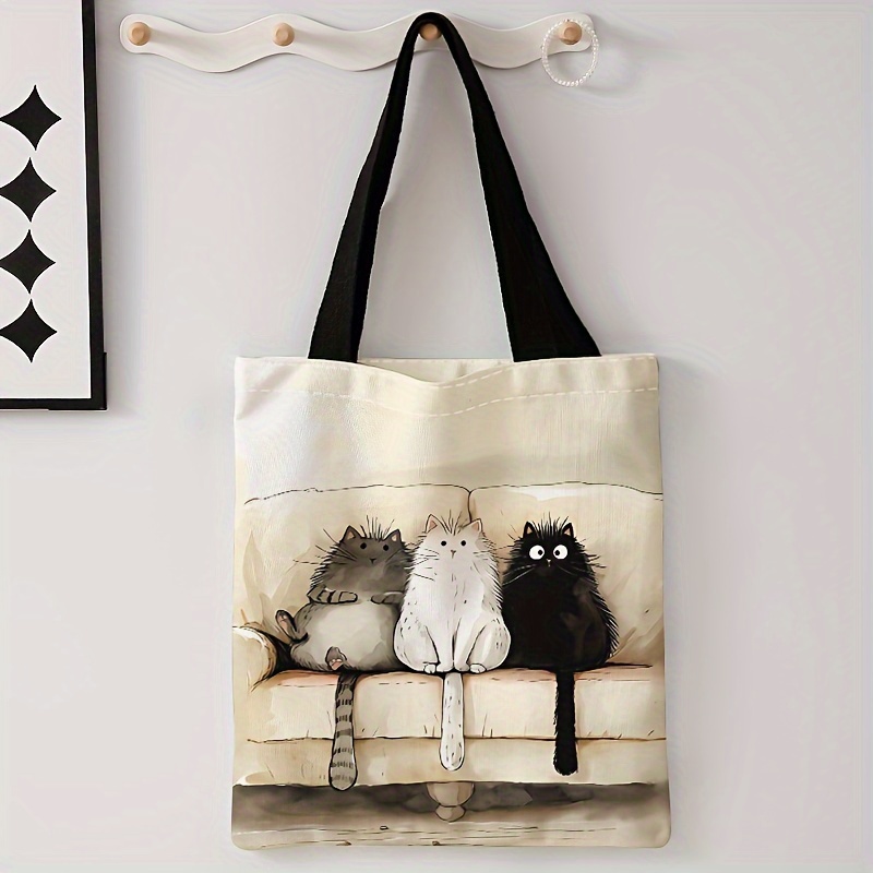 

1pc Adorable Pattern Canvas Tote Bag - , Reusable Shopping Bag With Black Straps, Stylish & Multifunctional Shoulder Handbag For Use, Cat Purse