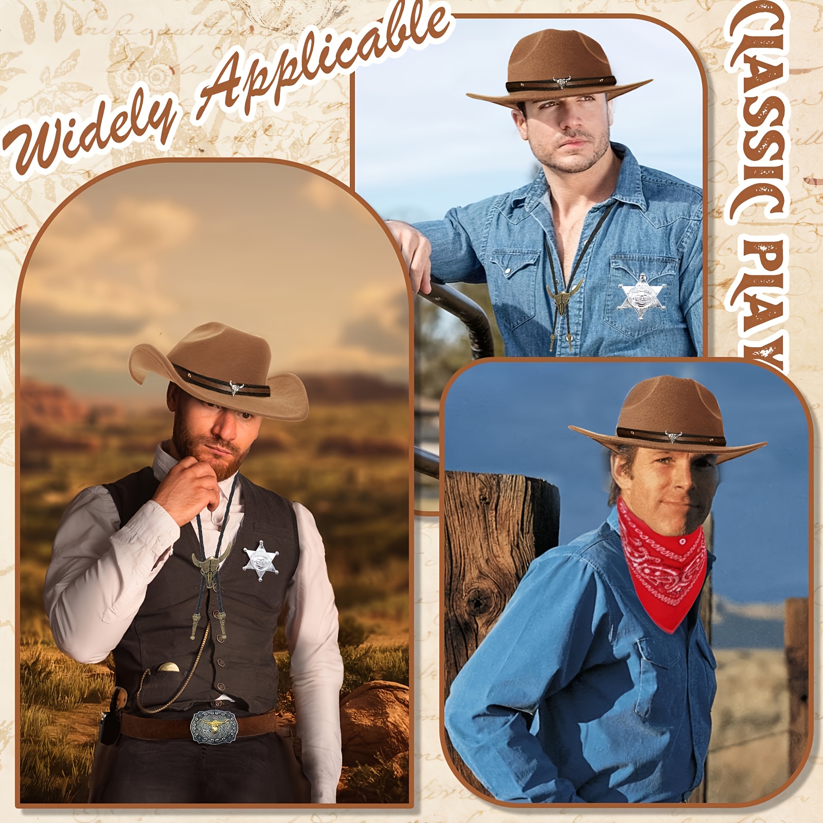 8pcs Western Cowboy Fancy Dress Accessories Set Brown Hat, Red Bandana,  Sheriff Badge, Bolo Tie, Belt, and Holster Ideal for *'S Wild West