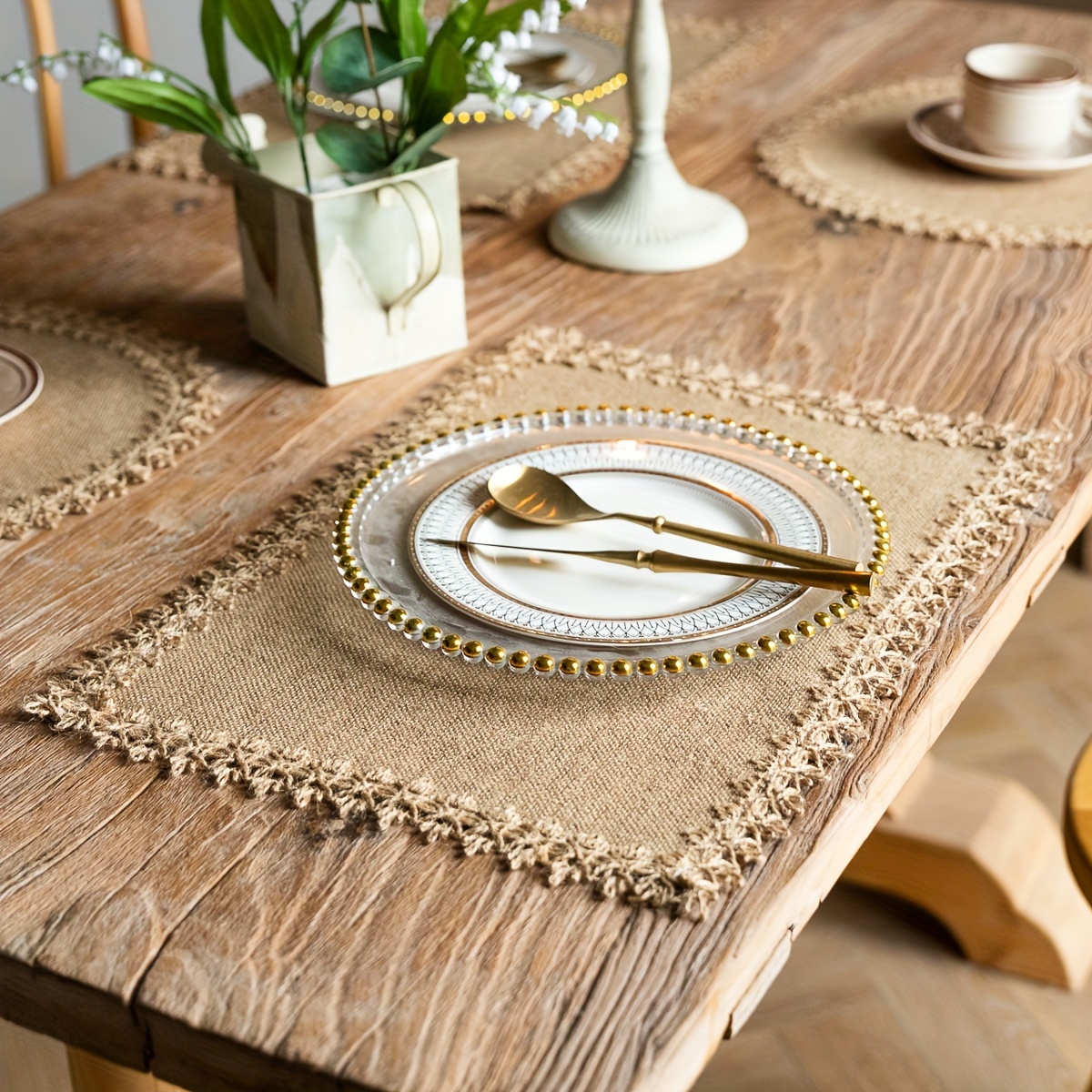 

4/6pcs, Jute Placemats, Table Decor, Natural Hemp Woven Placemats, Bohemian Style Heat Insulation Table Pad, Jute Square/round Table Mat With Tassel, Dining Decor, Home Decor