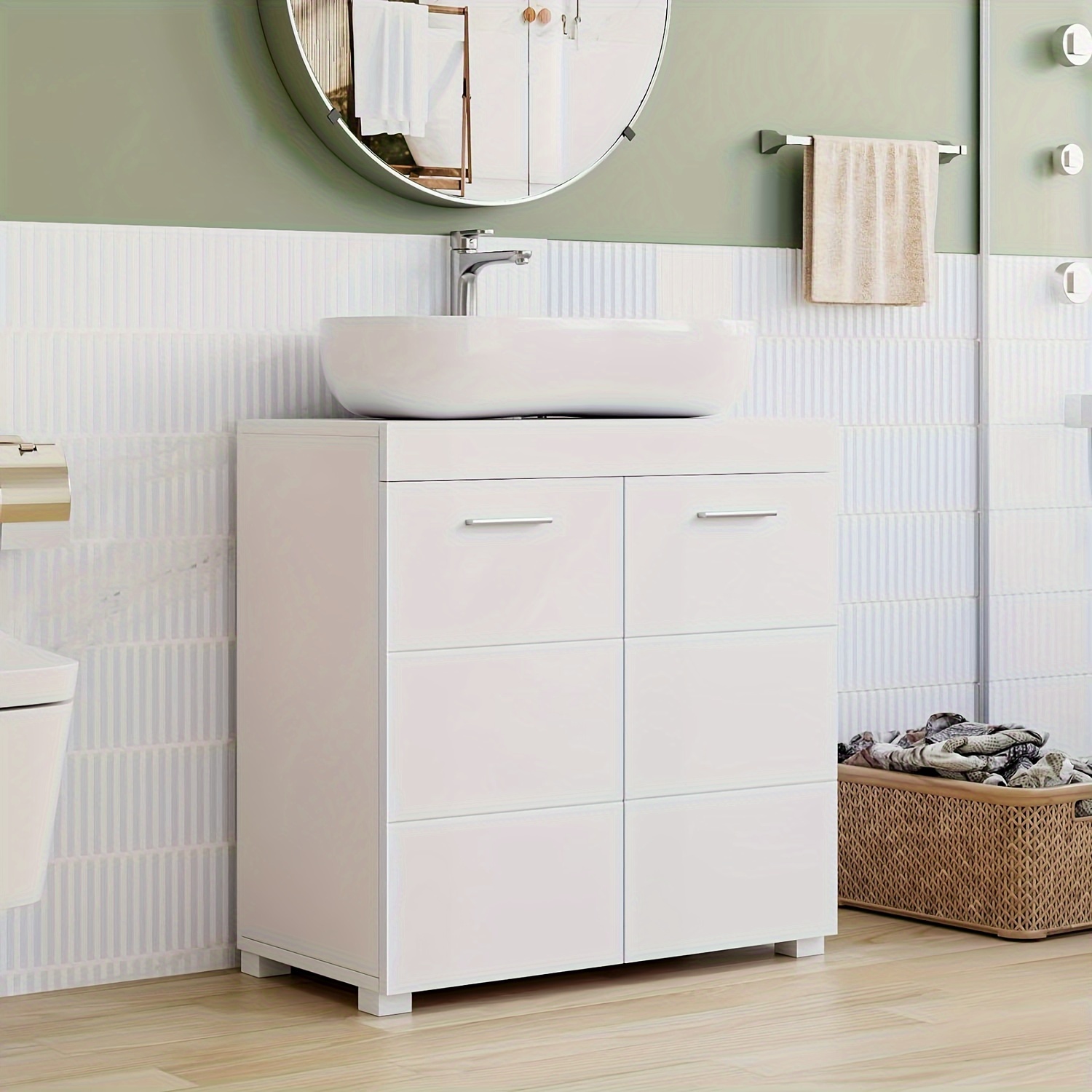 Image of Kealive Under Sink Gloss Bathroom Cabinet, Modern Vanity Unit With 2 Doors And 2 Shelves 60 X 31 X 60 Cm