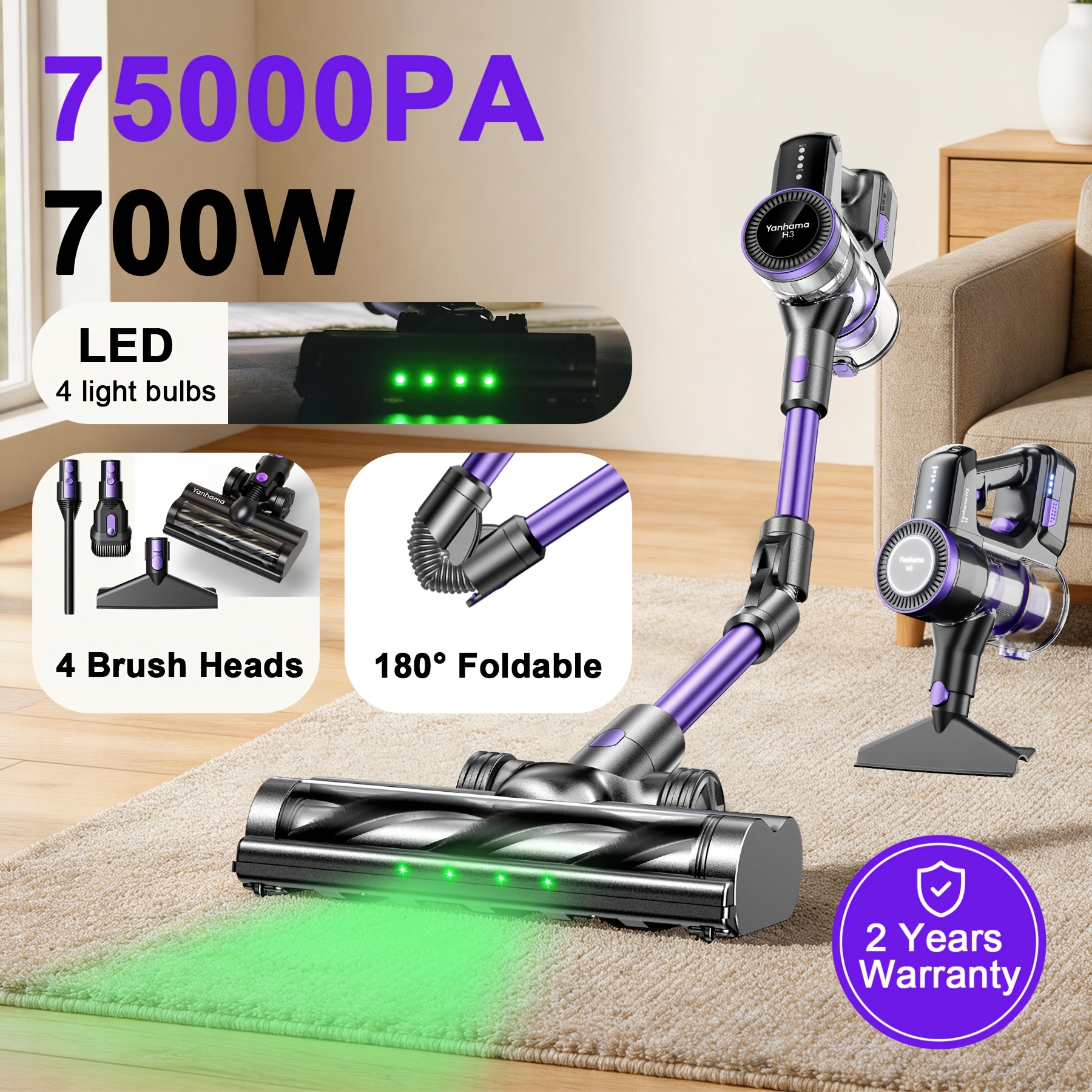 Image of Wireless Handheld Cordless Vacuum Cleaner 75000pa Strong Suction 180° Foldable Design With 4 Led Dust Detection Lights And 4 Brush Heads, Suitable For Hardwood Floors, Carpets, Sofas, And Pet Hair