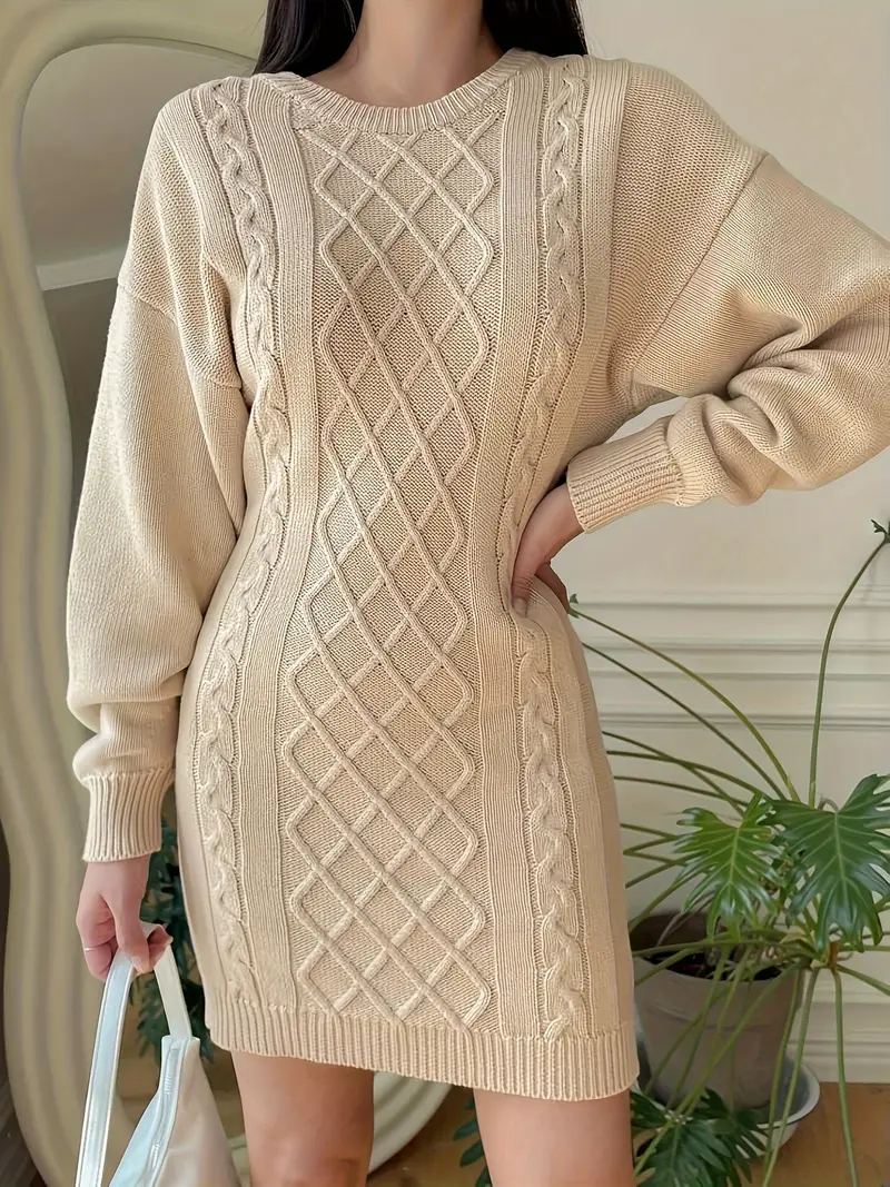 cable knit sweater dress elegant crew neck cut - Temu Morocco cable knit sweater dress elegant crew neck cut - Temu Morocco