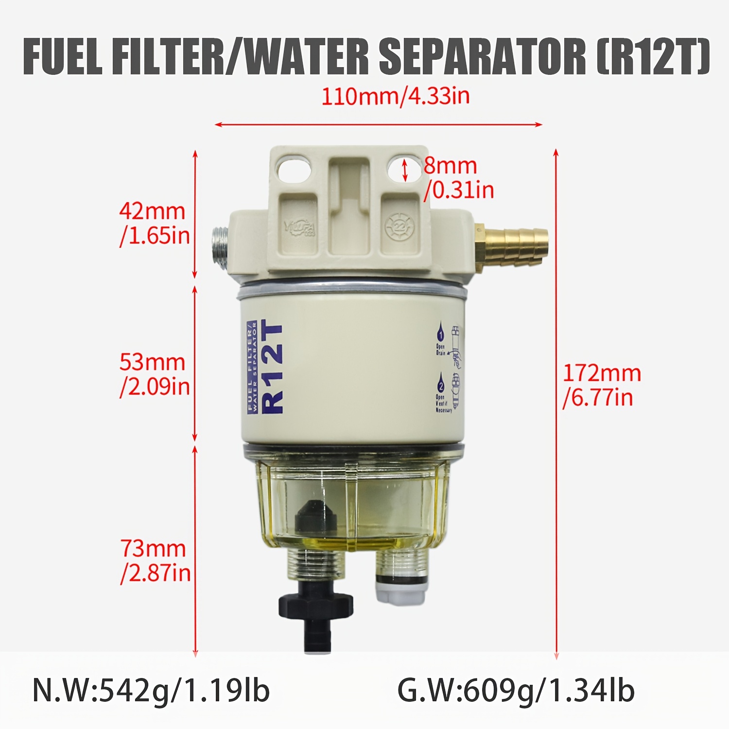 TEMU Koetsu R12t Marine Fuel Water Separator Kit, Optional Accessories, Fuel Filter Assembly 120at Npt Zg1/4-19, Complete Set (wrench, Base, Filter