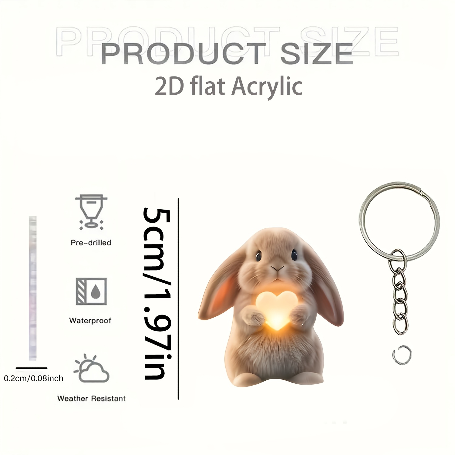 TEMU Plat 2D, Porte-clés plat 2D en acrylique, Cadeau lapin cœur, Porte-clés imprimé en acrylique, Breloque pour sac et sac à dos, Accessoire de clé