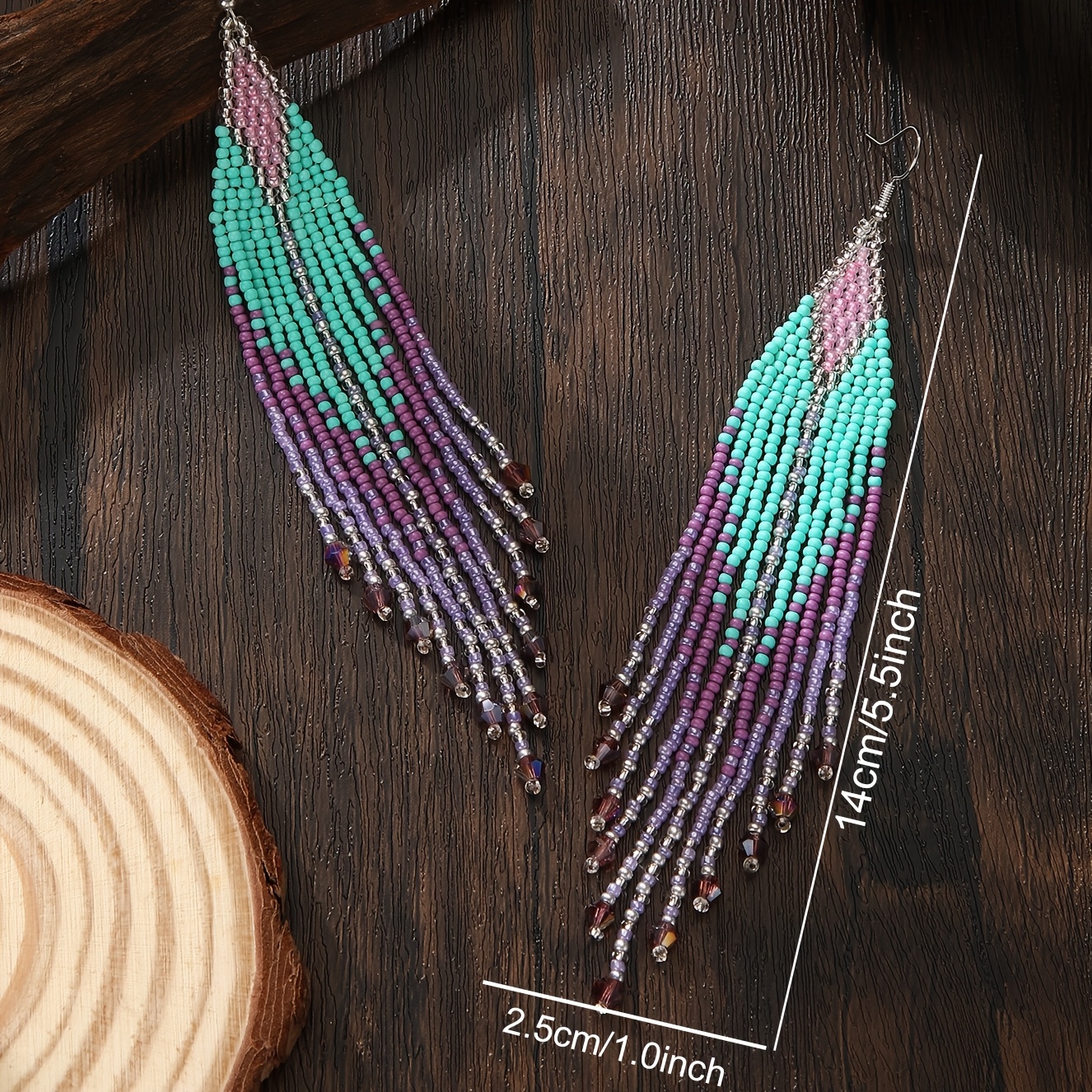 Women's Handmade Mint & Lavender Seed Bead Tassel Dangle Earrings