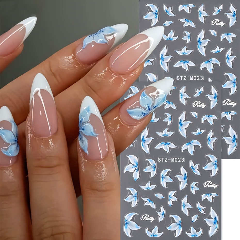 Image of Set Of 2 Stylish Blue Lily Flower Nail Decorations, Foil Blossoms, Floral Petals For Nail Art, Perfect For Spring Festivals, Weddings, Summer