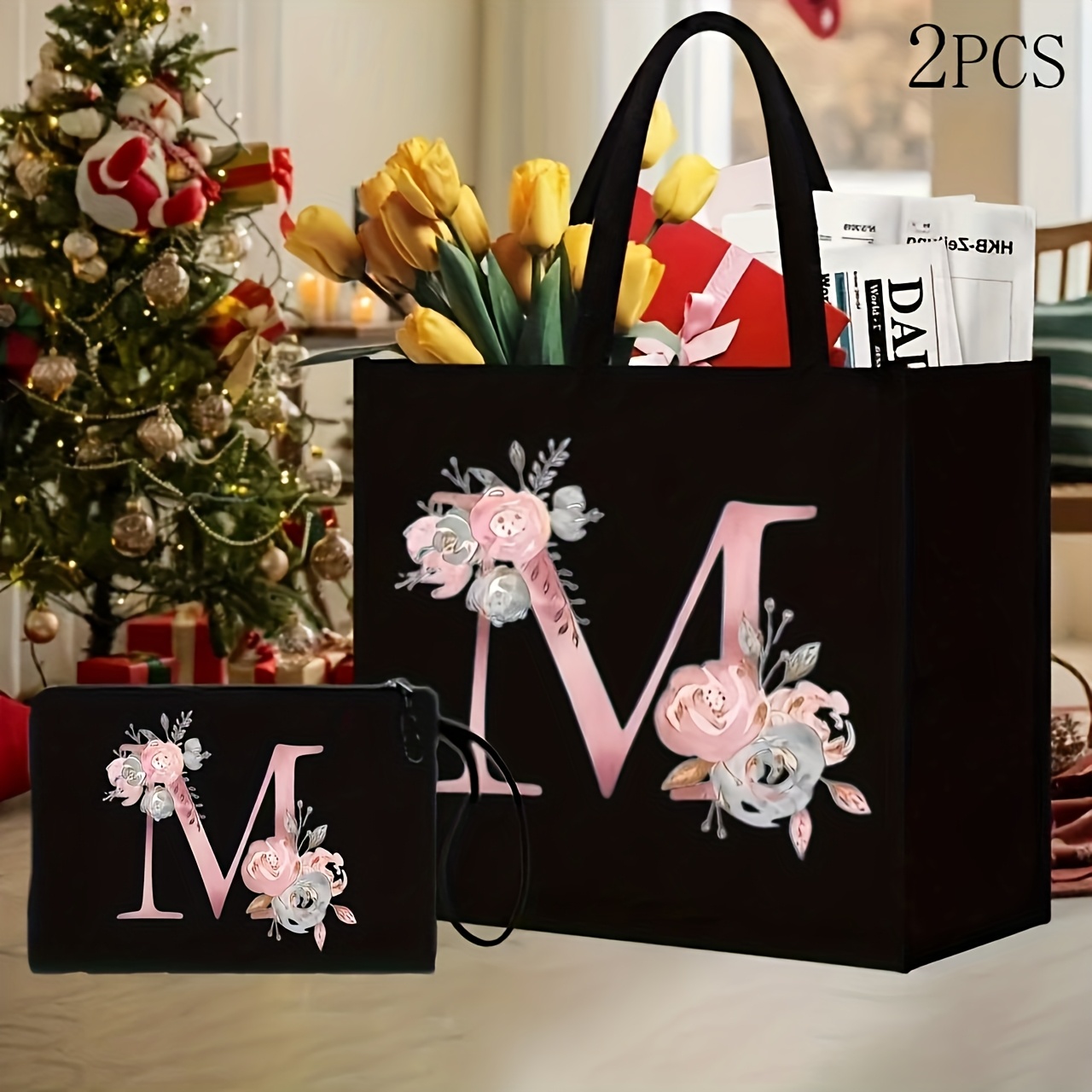 Image of 2pcs Women's Monogram Letter Handed Suitable For Handbag & Matching Makeup Bag - Ic Closure Elegant Handbags With Initials, Durable Fabric &, Gift For Her (initials)