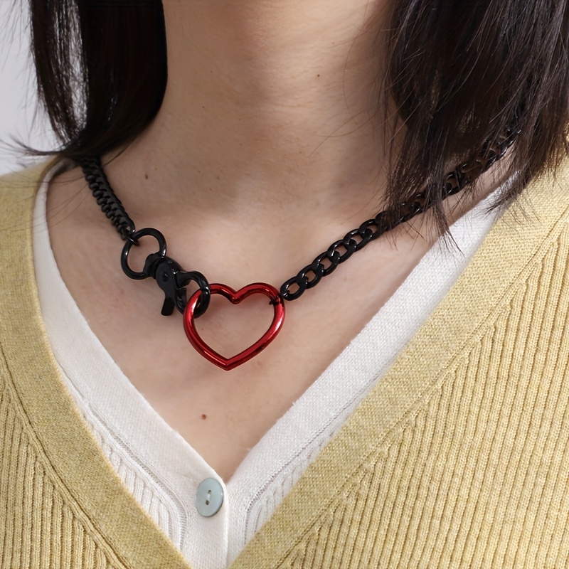 Image of Heart-shaped Key Lock Pendant Cuban Chain Necklace, Club Hip-hop Trendy Sexy Collar Accessory For Women