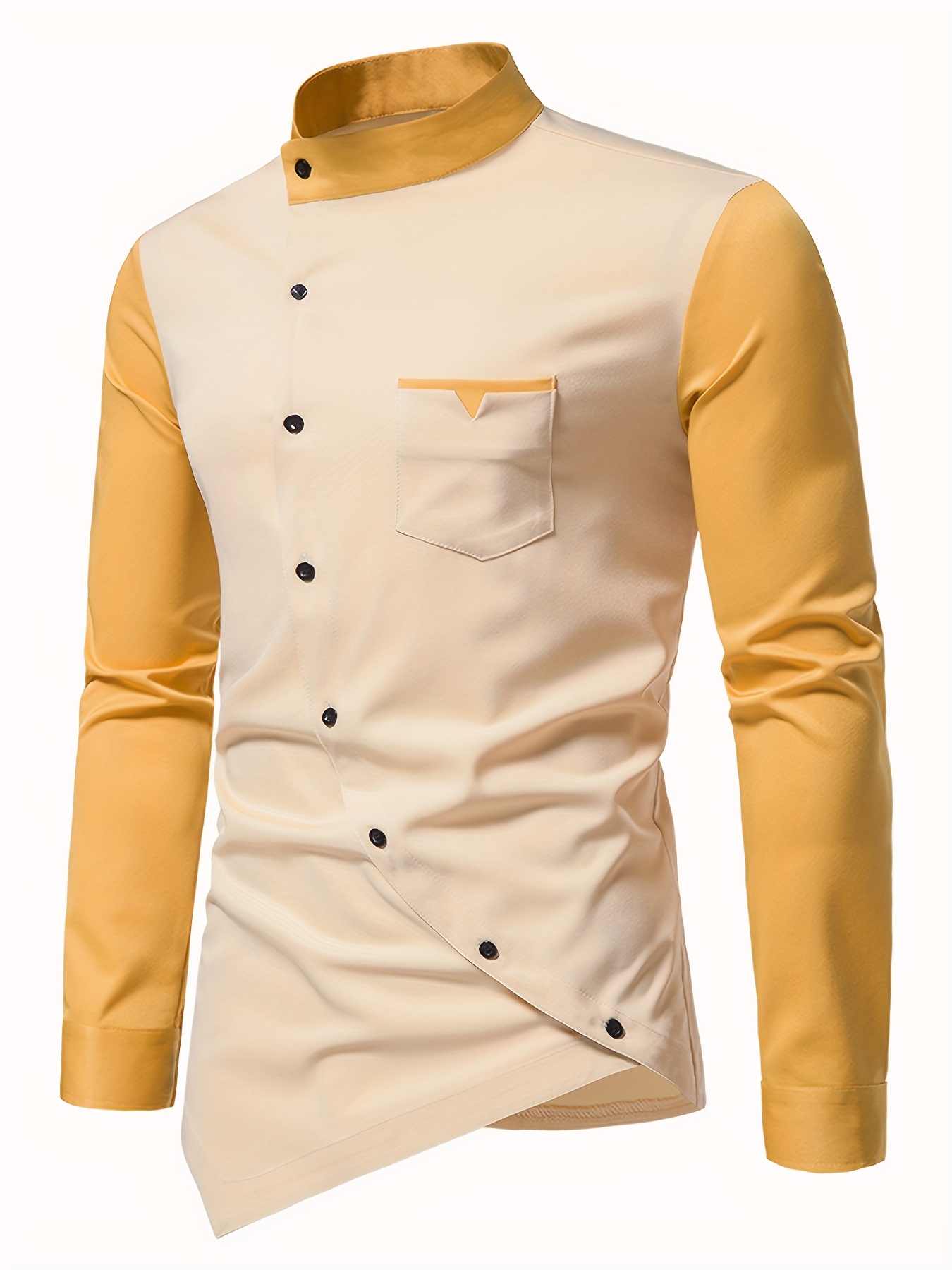 Color: Yellow European Size Youth Foreign Trade Slant Button Irregular Color Block Henry Collar High-End Shirt