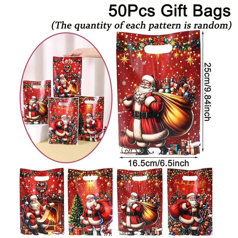 TEMU Lot de 10/ sacs cadeaux de Noël, motif Père Noël rouge, sacs fourre-tout en plastique réutilisables avec poignées, pour cadeaux de fête,