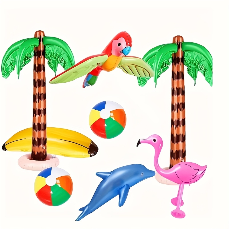 8pcs set inflatable hawaiian party set 2pcs of coconut trees 2pcs of beach balls 1pc of bird 1pc of flamingo 1pc of banana 1pc of dolphin suitable for party decoration supplies beach parties swimming pools