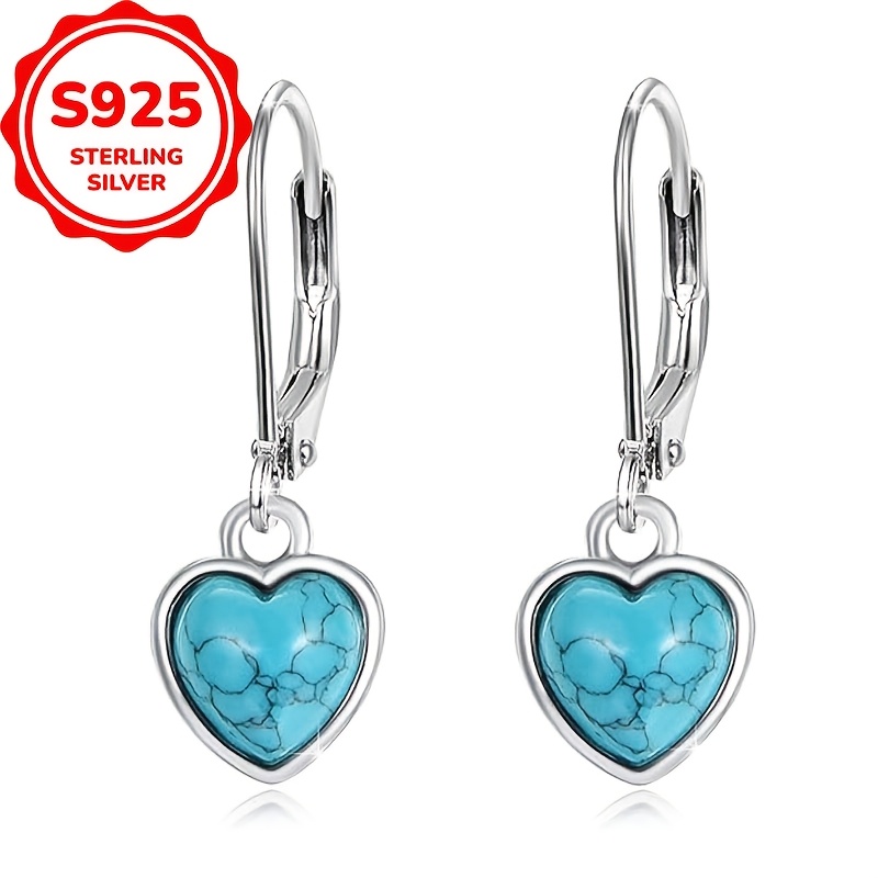 

1 paire de boucles d'oreilles pendantes pour femmes, argent 3G S925, élégant incrustation de turquoise en de cœur irrégulier, bijoux de mode hypoallergéniques, cadeau pour un