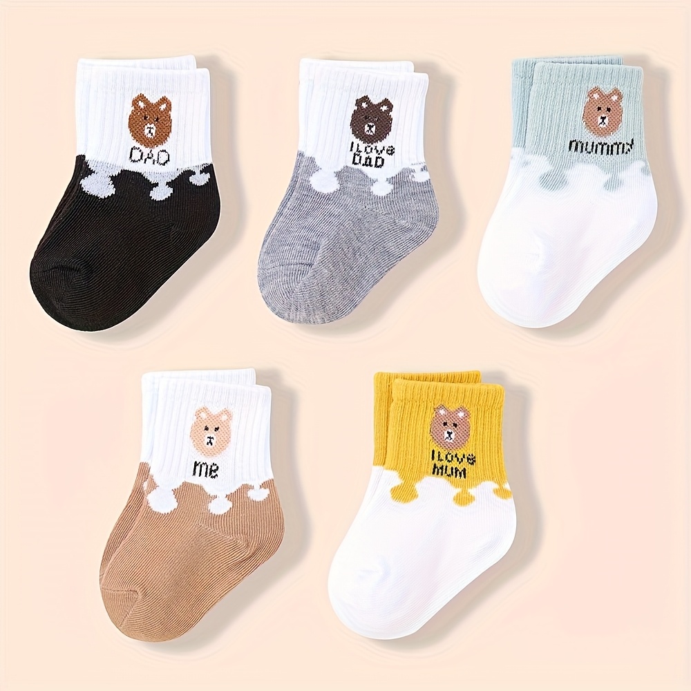 Image of / 3 Pairs Random Baby Crew Socks With Cartoon Bear Letters, Soft Ribbed Toddler Socks For Boys And Girls, Cute Socks (0-3 Years)