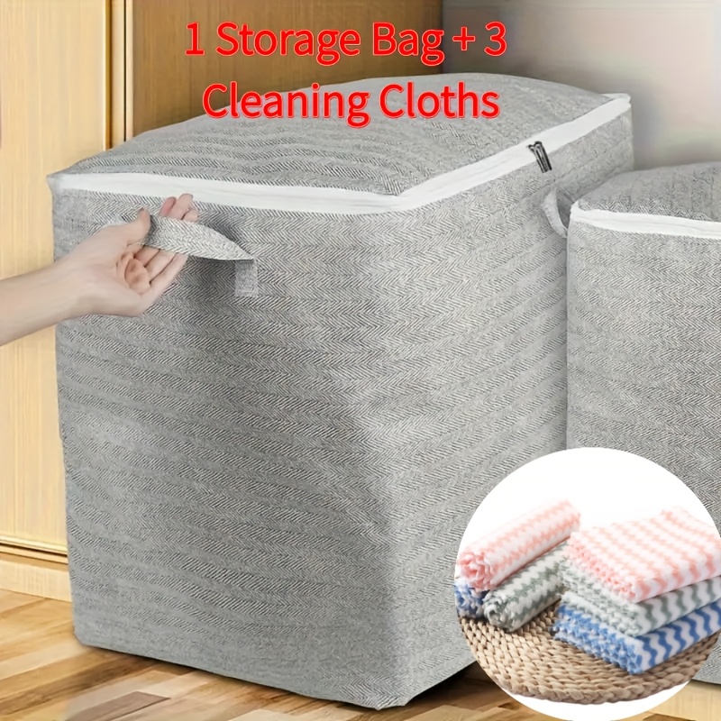 TEMU Large Capacity Clothing Storage, 1pc Storage Bag And 3pcs Cleaning Cloths (random Patterns) Bags Travel Luggage Organizer Home Closet Wardrobe