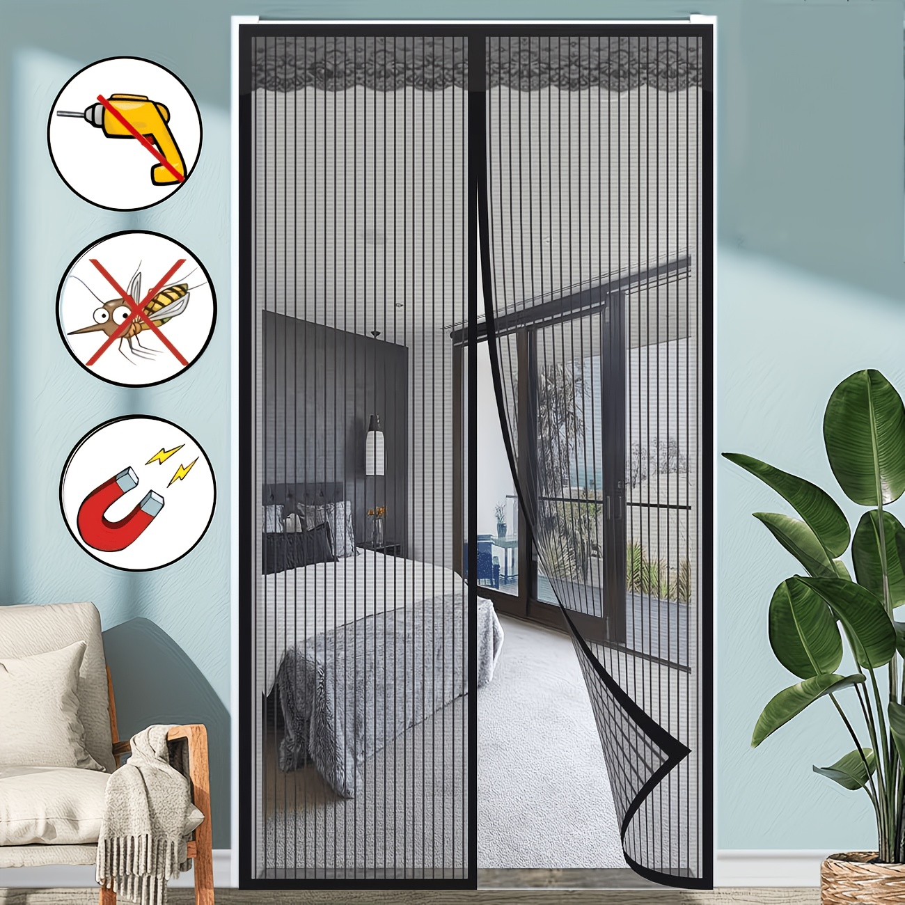 TEMU 1pc Black Magnetic Striped Door Curtain, Mesh Screen Door, Automatic Closing, To Drill Holes For Installation, Suitable For Bedrooms, Living