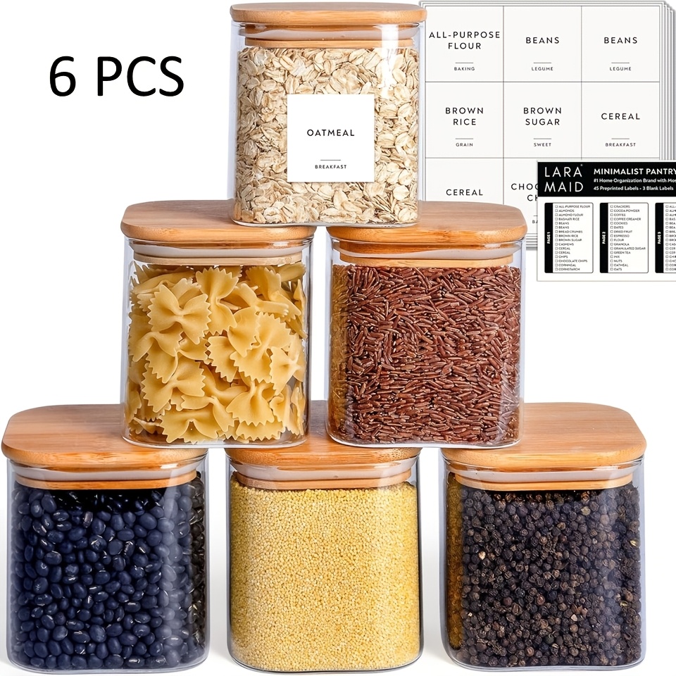 TEMU 6pcs Square Glass Pantry Storage Jars With Bamboo Lids & Labels - Airtight Clear Glass Canisters Suitable For Tea, Coffee, Sugar, Dry Food,