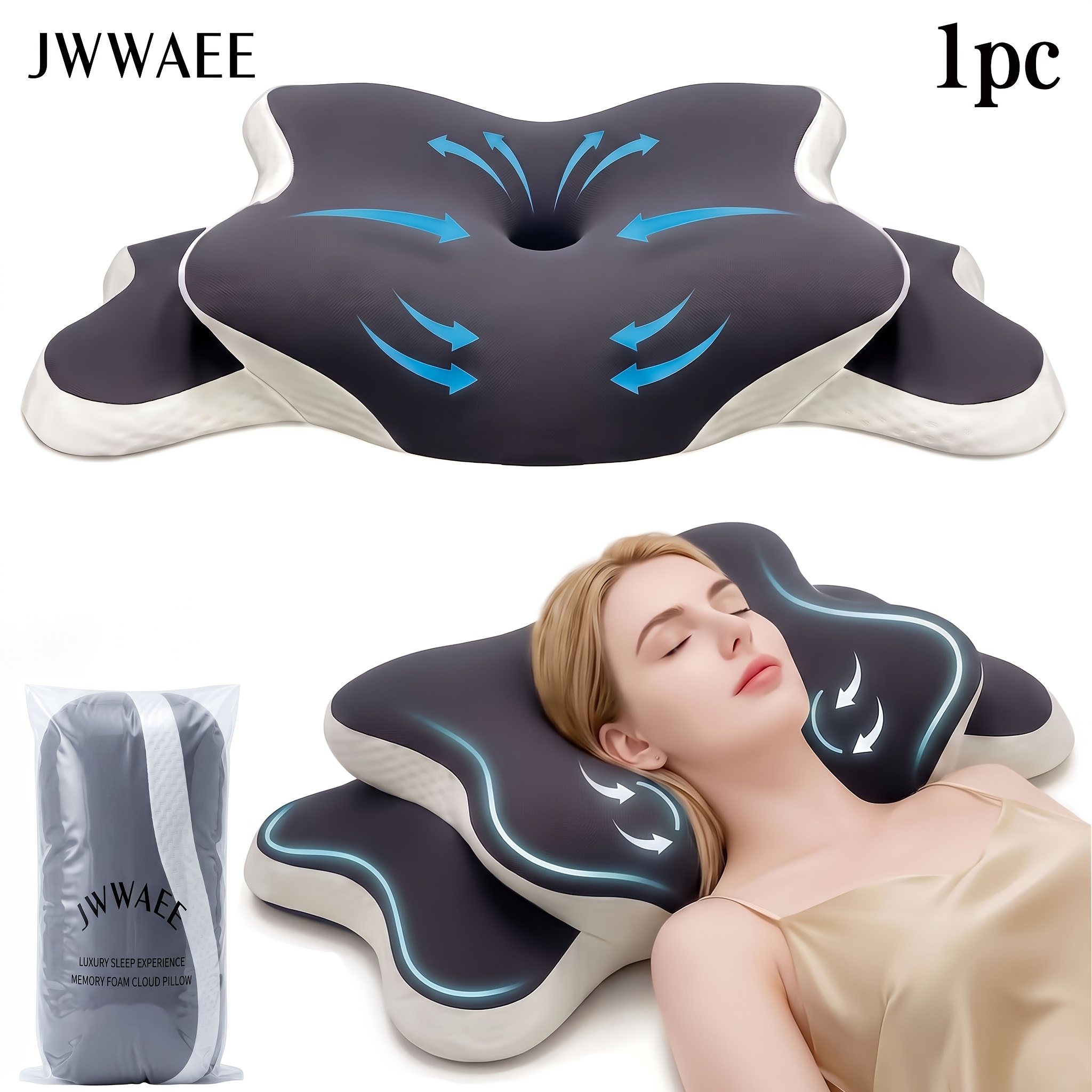 TEMU Dual-height Adjustable Ergonomic Neck Pillow With Cooling Fabric Cover, Slow Rebound Pillow For Neck Support, Machine Washable Neck Pillow For