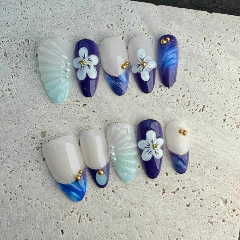 TEMU 10pcs Medium Long Almond Press On Nails Elegant Blue 3d Lily Stripe Glossy Full Cover Reusable Fake Nails Nail Tips Press On Nails For Women