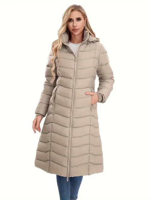 elegant womens long quilted jacket polyester outerwear with zipper front warm and comfortable for winter machine washable