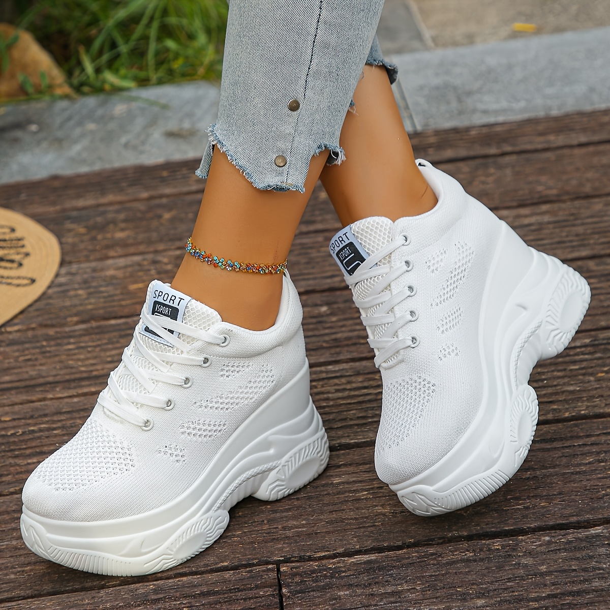 TEMU Ladies' Solid Color Wedge Fashion Sneakers In Black And White, Featuring A Knitted Upper With Laces, And Suitable For Everyday Use., Women Shoes