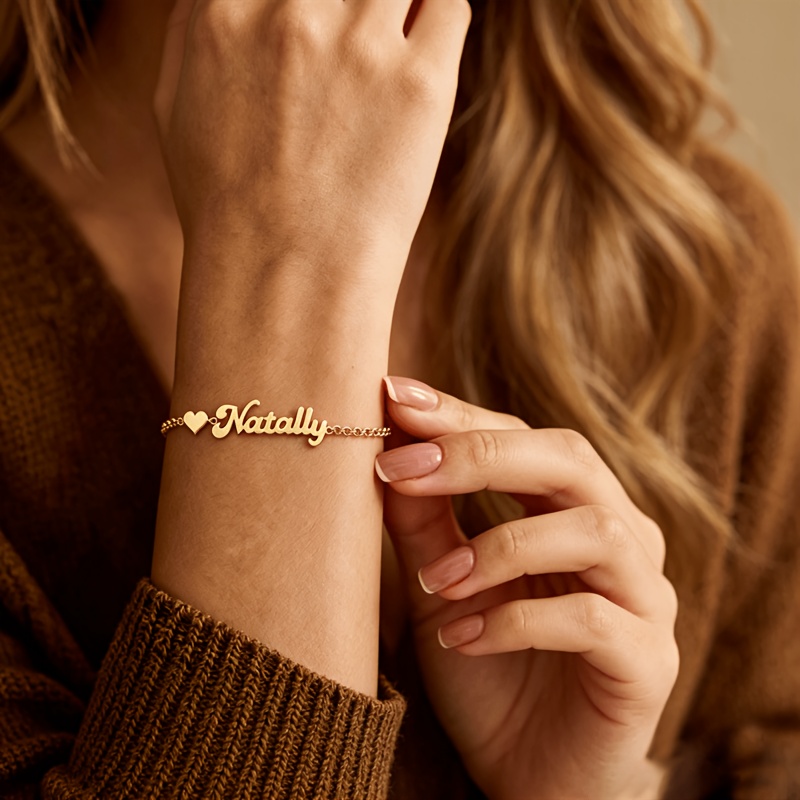 TEMU Pulsera personalizada con grabado de estilo minimalista, estilo placa de con de amor con fuente escrita a personalizada, material de acero