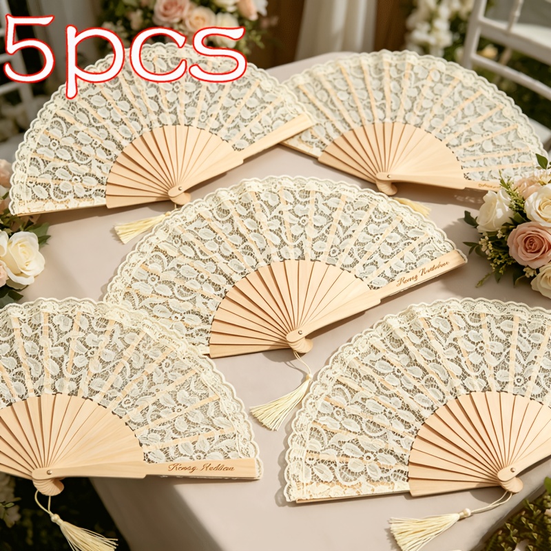 TEMU Custom-made, Personalized Beige-cream Lace Folding Fan With Tassels; Vintage Wooden Folding Fan; Bohemian-style Tassel Fan; Bridesmaid Gifts And
