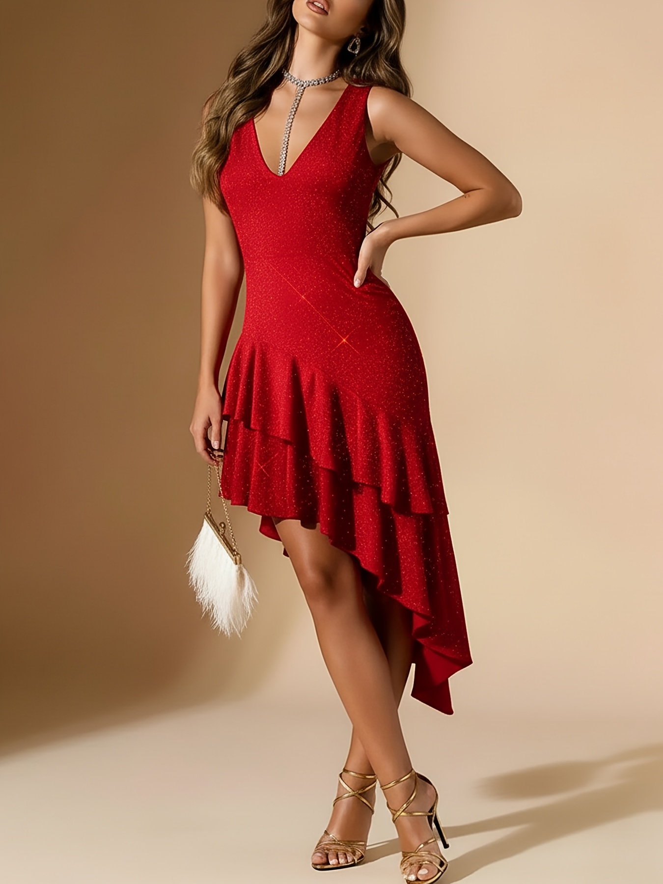 womens summer   glitter mini dress high quality elegant party dress sleeveless deep v neck high low ruffle hem curvy silhouette   easter holiday date night     looks easter gift ideas