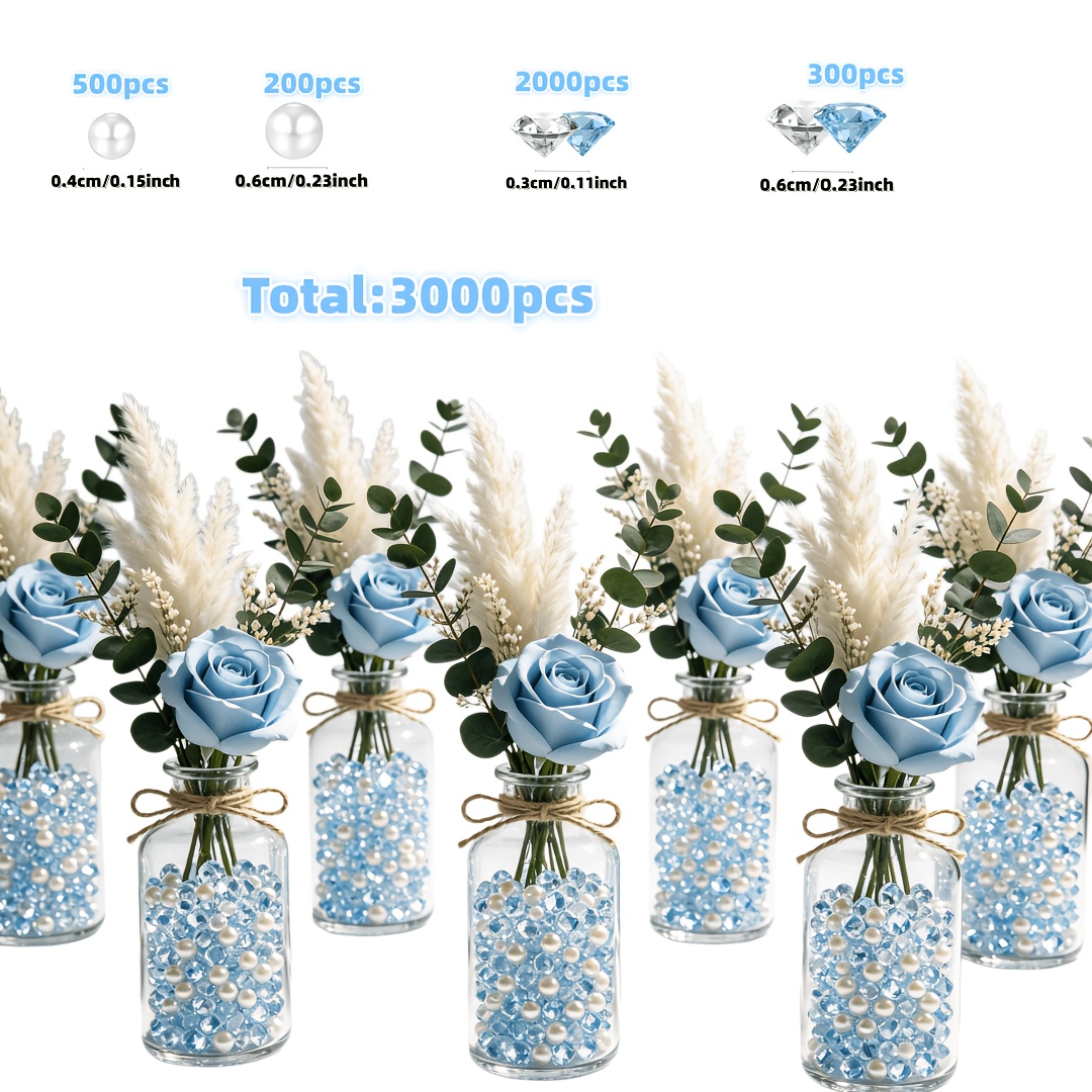 TEMU 3000 Small Pearls, Blue Acrylic Diamonds, Transparent Acrylic Mini Crystals, Suitable For Vase Filler, Craft Gems, Wedding Accessories, Wedding